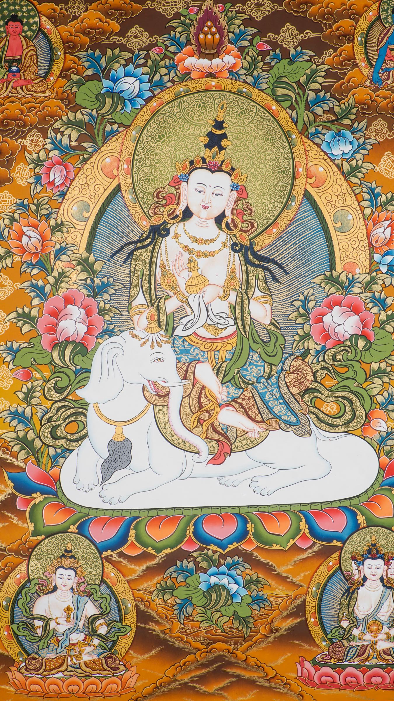 Hand-painted Fusen Fusa Samantabhadra thangka showing Bodhisattva seated on white elephant with lotus throne, 24k gold detailing and surrounding Buddhist deities.