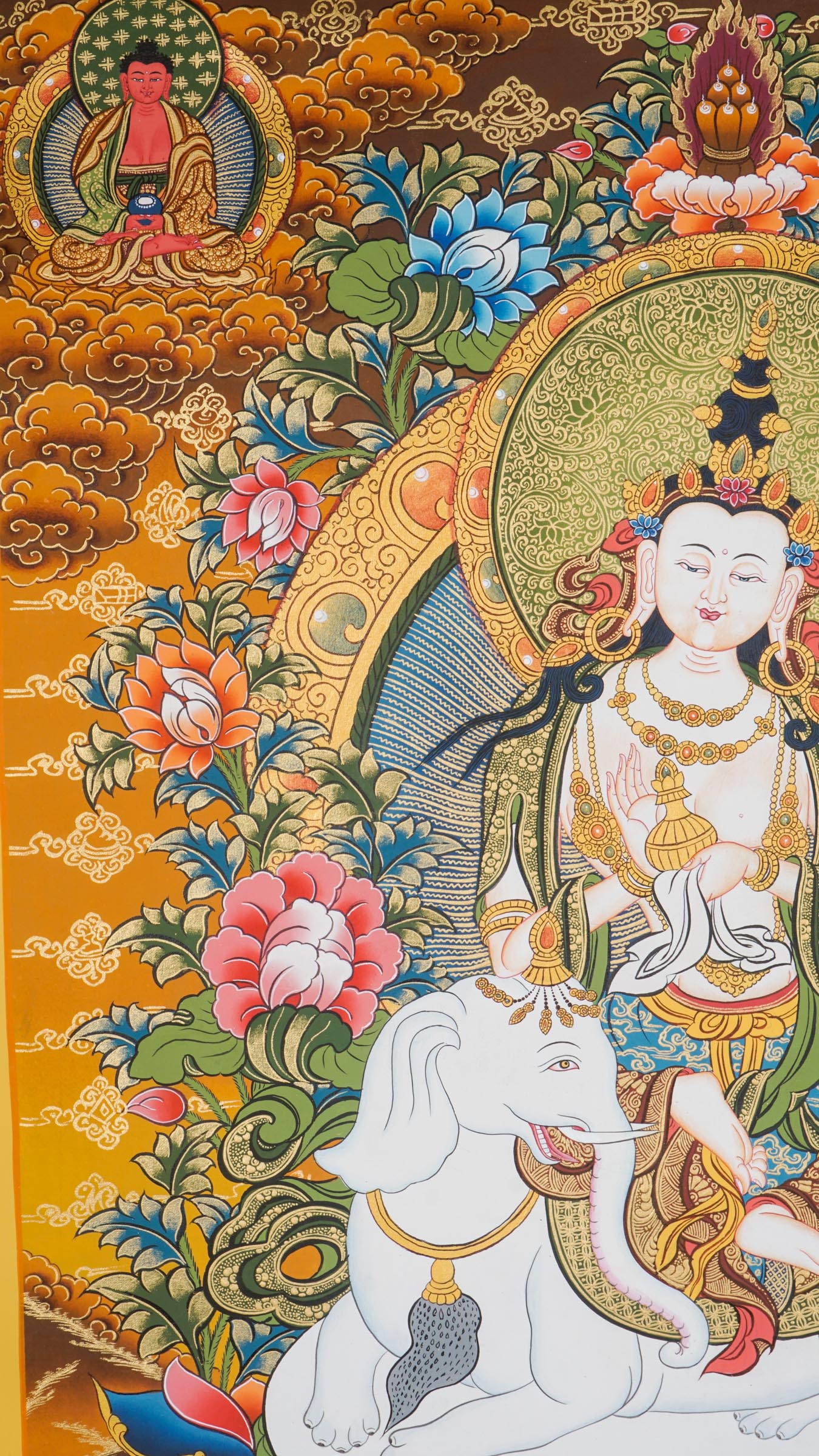 Hand-painted Fusen Fusa Samantabhadra thangka showing Bodhisattva seated on white elephant with lotus throne, 24k gold detailing and surrounding Buddhist deities.