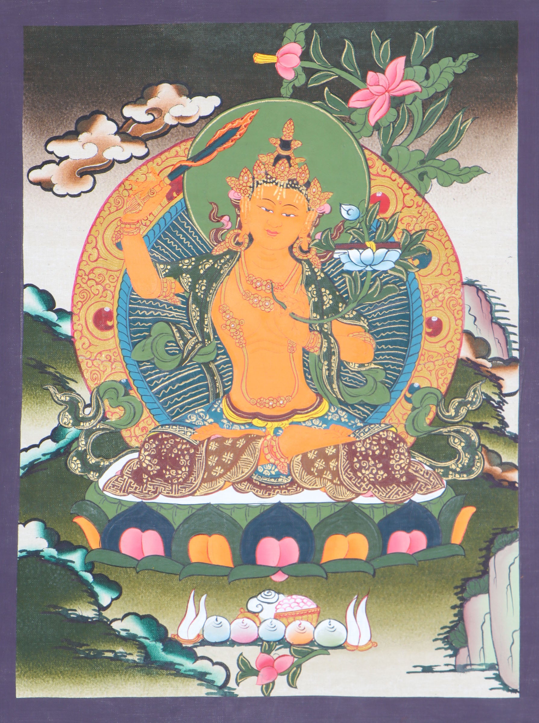 This Tibetan Thangka of Manjushri is a genuine Buddhist artwork that symbolizes wisdom and enlightenment. Hand-painted with natural pigments, it beautifully depicts Manjushri with his sacred sword and text, offering a powerful reminder of clarity and inner knowledge.