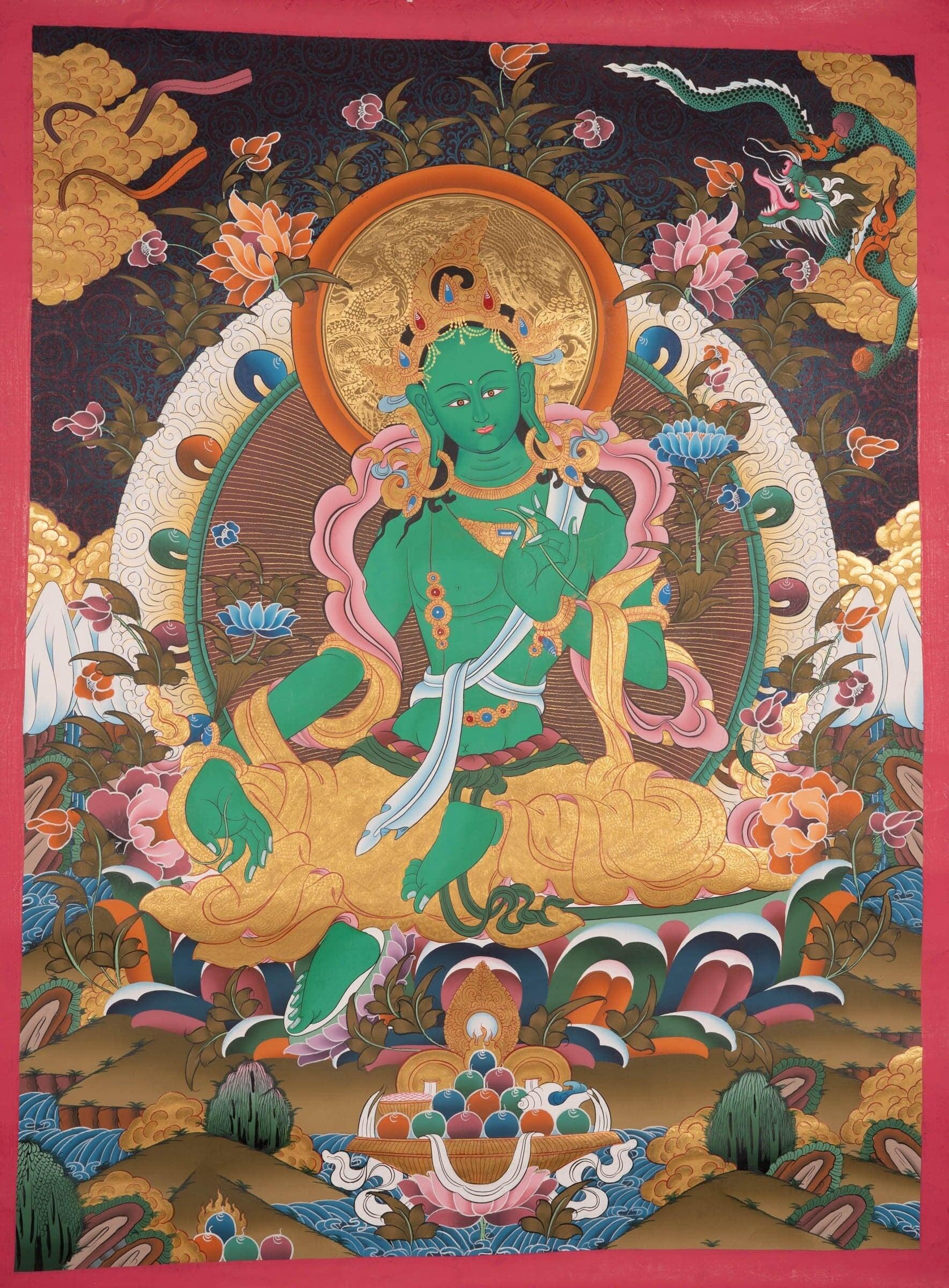 This hand-painted Thangka is a spiritual portal that invites you to immerse yourself in the divine energy of Green Tara.