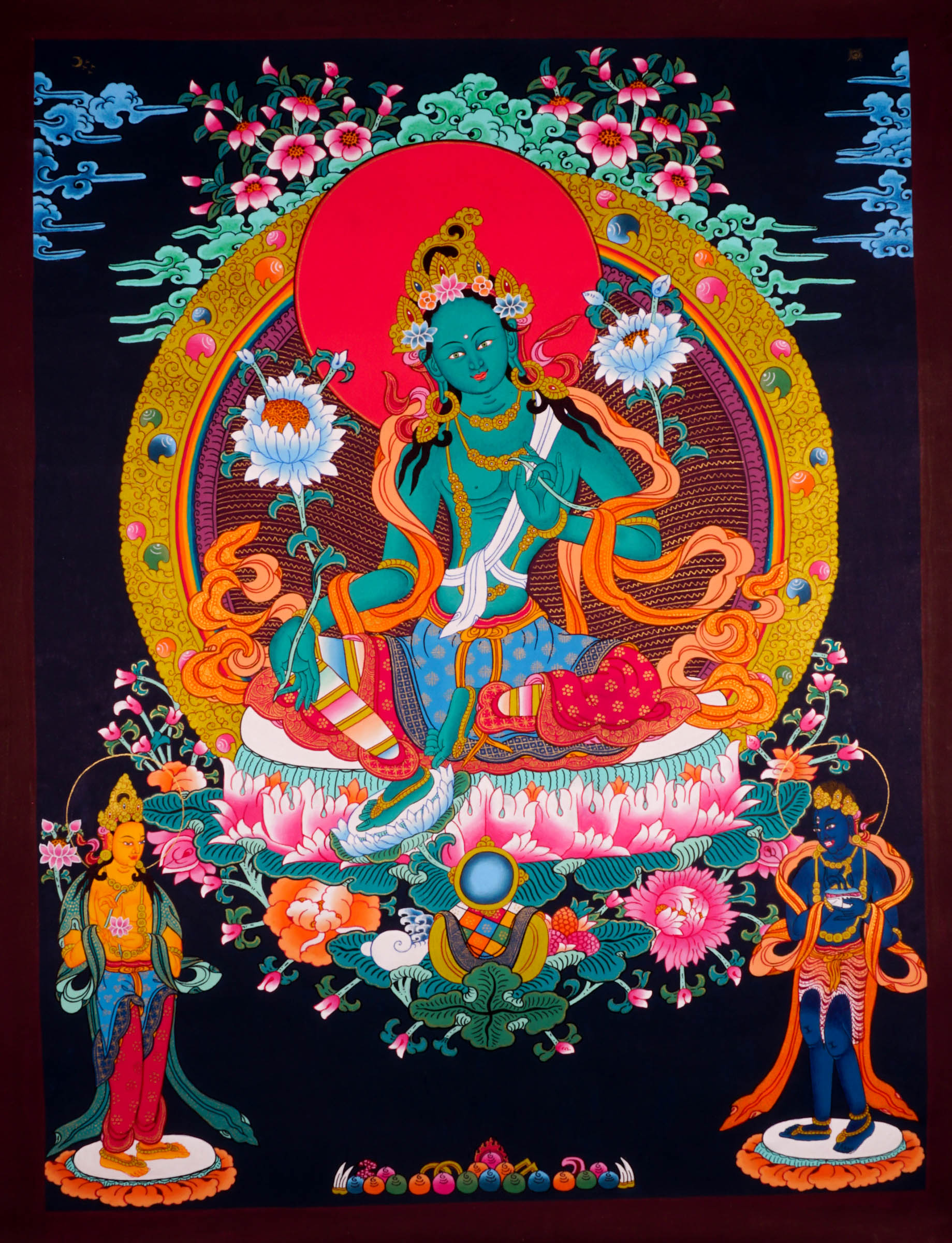 This genuine Tibetan Thangka of Green Tara beautifully captures the goddess of compassion in Buddhist tradition, symbolizing swift protection and loving guidance. Hand-painted using natural pigments, this sacred artwork brings serenity and spiritual energy to any meditation or devotional space.