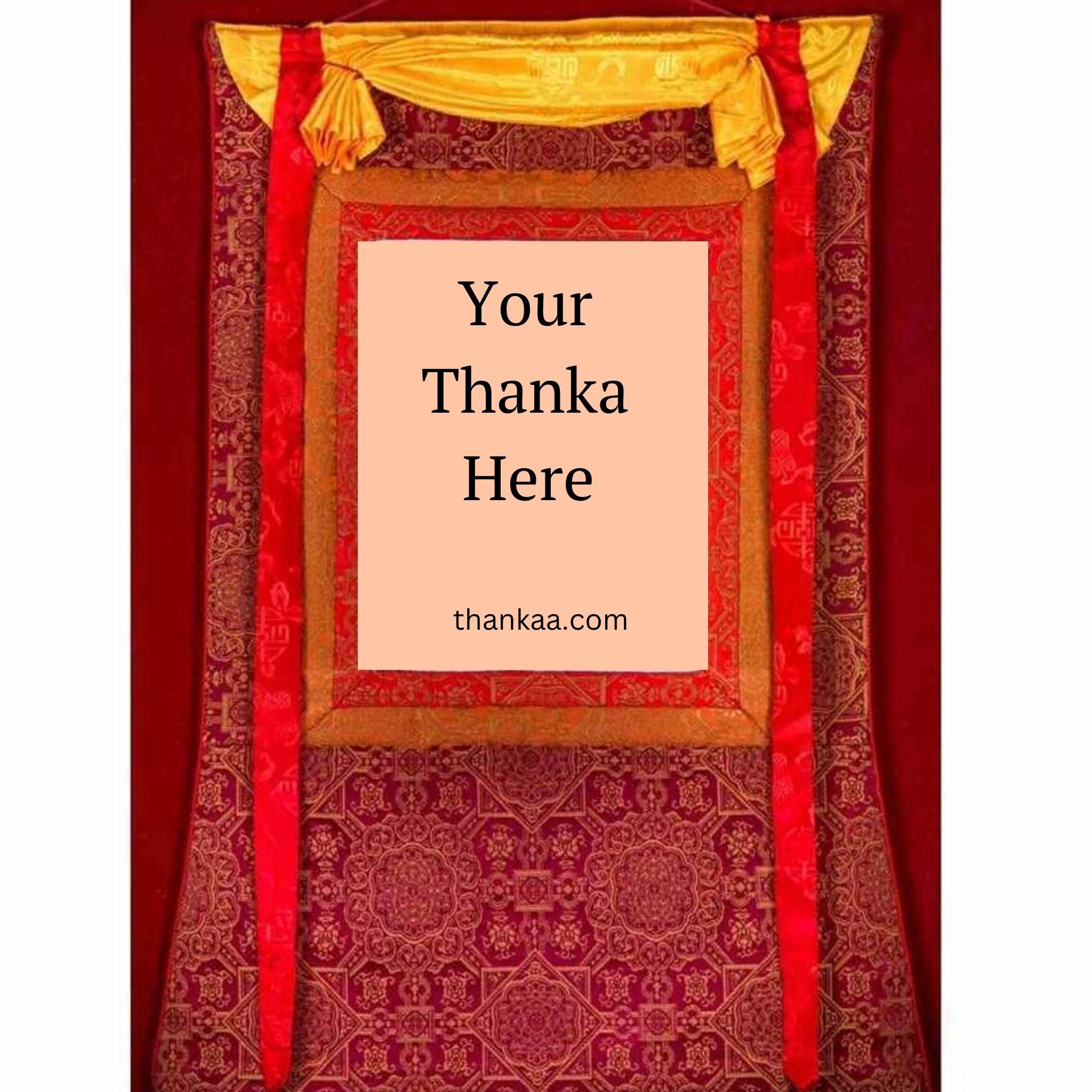This traditional Tibetan Thangka frame features vibrant silk brocade with protective silk veil and red-yellow cords, enhancing the sacredness and ease of display for genuine Thangka art.