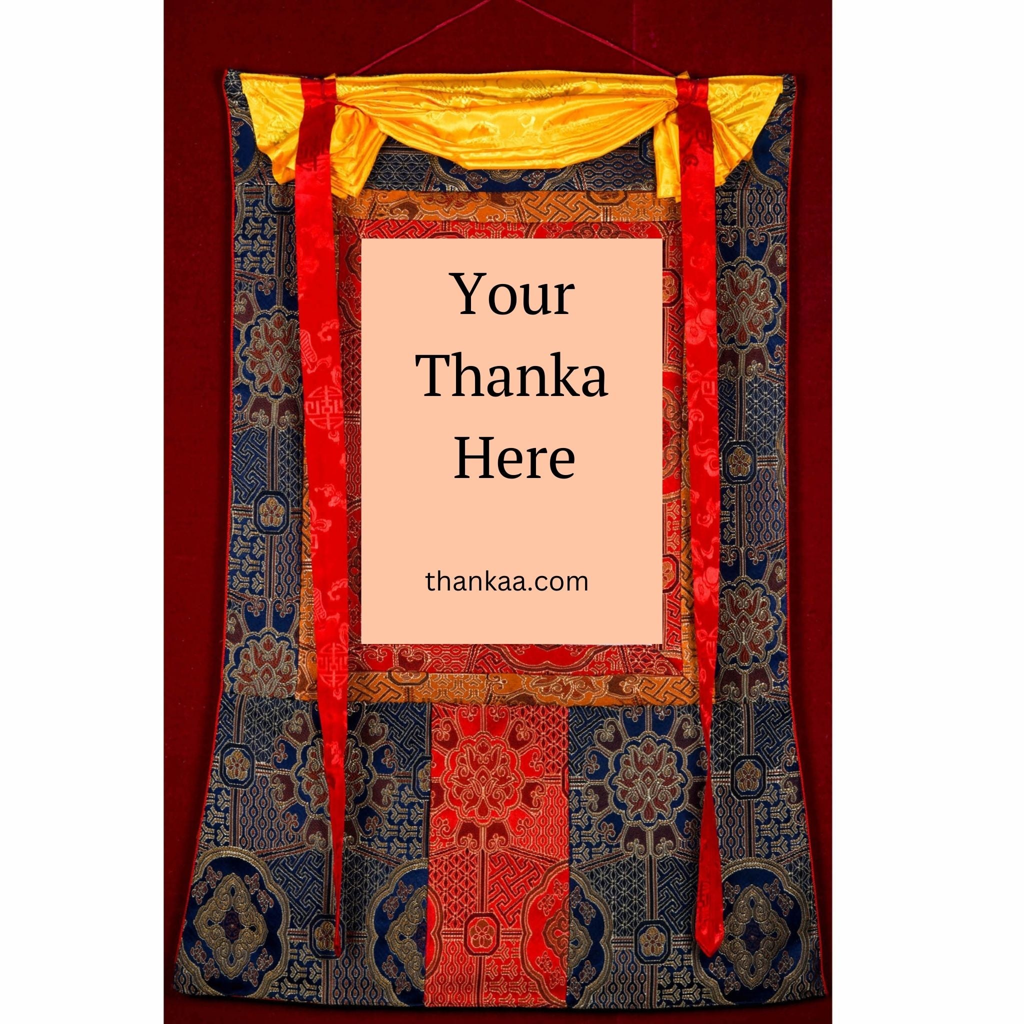 This traditional Tibetan Thangka frame features vibrant silk brocade with protective silk veil and red-yellow cords, enhancing the sacredness and ease of display for genuine Thangka art.