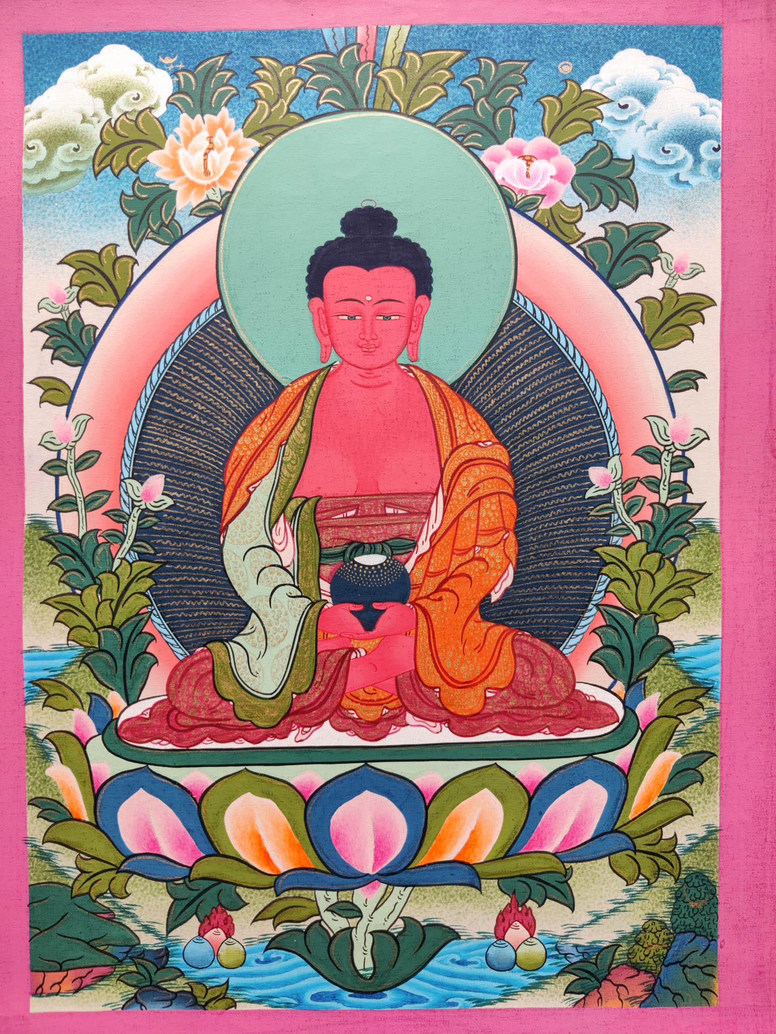 This genuine Tibetan Thangka of Amitabha Buddha, the Buddha of Infinite Light, symbolizes peace, wisdom, and spiritual liberation in Buddhism. Hand-painted with natural pigments, it serves as a powerful tool for meditation and devotion in any sacred space.