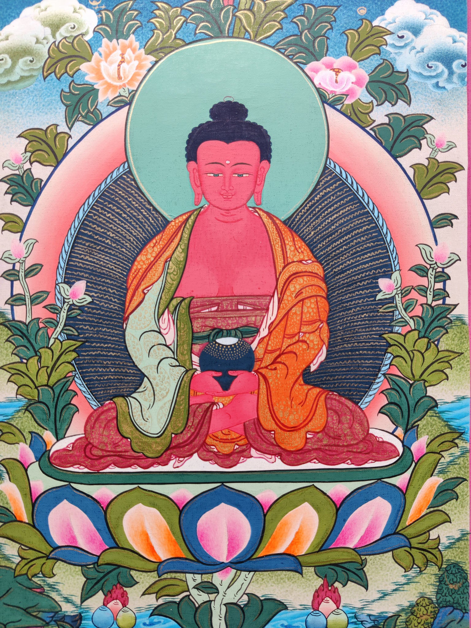 This genuine Tibetan Thangka of Amitabha Buddha, the Buddha of Infinite Light, symbolizes peace, wisdom, and spiritual liberation in Buddhism. Hand-painted with natural pigments, it serves as a powerful tool for meditation and devotion in any sacred space.