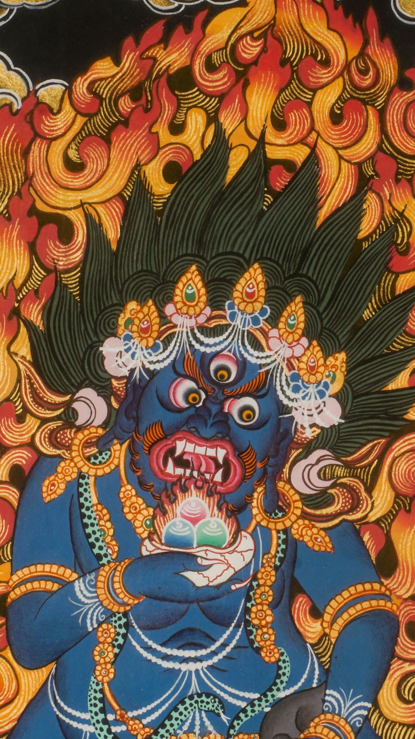 Black Zambala Thangka is a Tibetan thangka that shows the Buddhist wealth deity. He helps remove obstacles and brings prosperity. This thangka is hand-painted with natural colors and is used for meditation, protection, and spiritual growth.