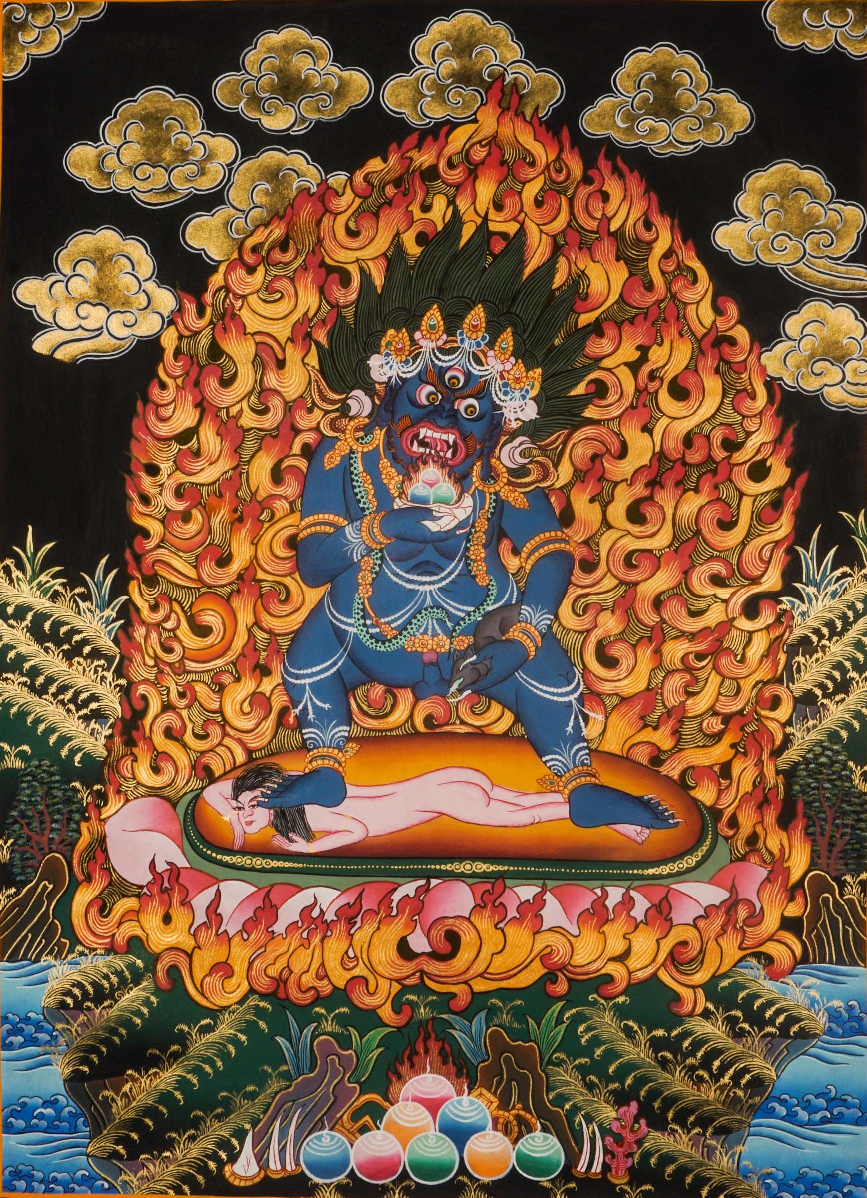 Black Zambala Thangka is a Tibetan thangka that shows the Buddhist wealth deity. He helps remove obstacles and brings prosperity. This thangka is hand-painted with natural colors and is used for meditation, protection, and spiritual growth. 