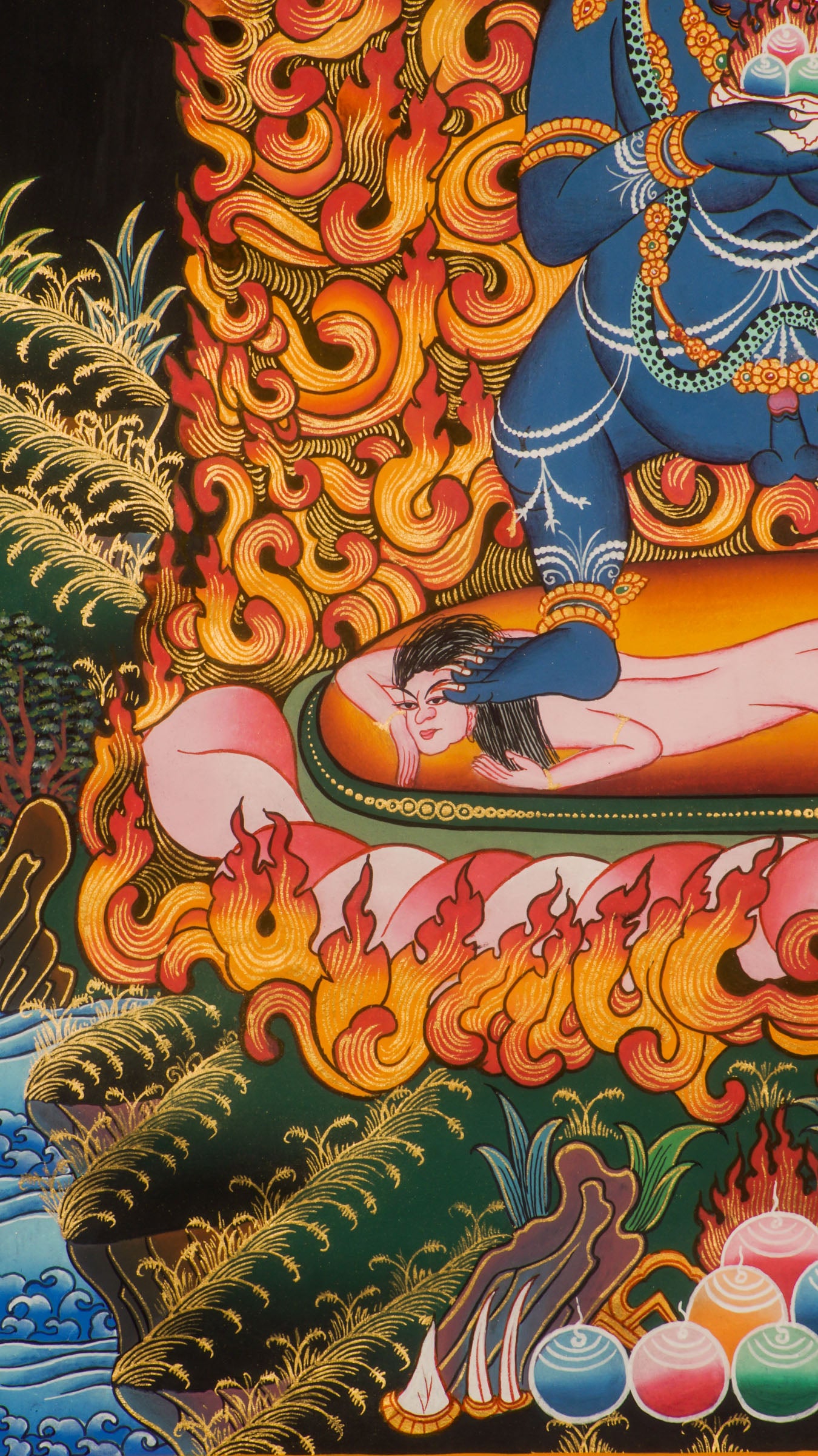Black Zambala Thangka is a Tibetan thangka that shows the Buddhist wealth deity. He helps remove obstacles and brings prosperity. This thangka is hand-painted with natural colors and is used for meditation, protection, and spiritual growth.