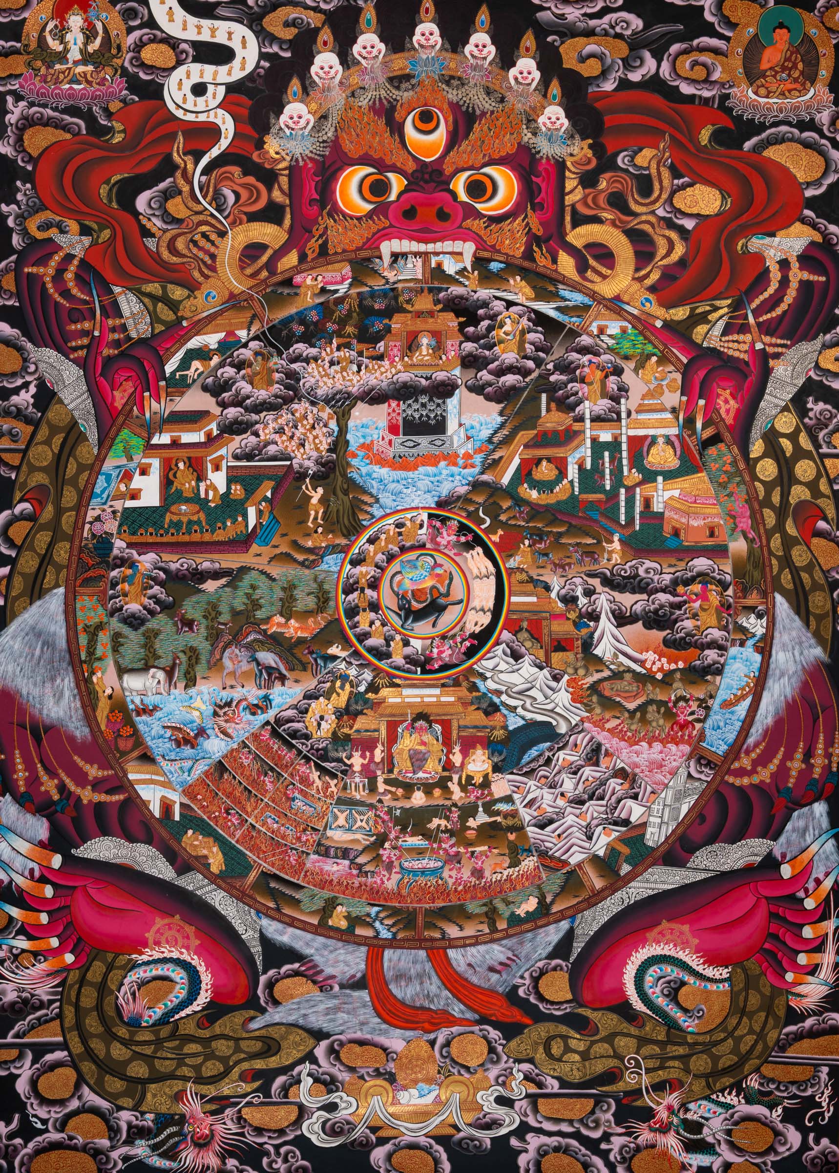Wheel of Life (Bhavachakra) Thangka painting depicting the Buddhist cycle of existence, held by Yama, illustrating the six realms of rebirth, karma, and impermanence in a traditional Tibetan Buddhist composition.