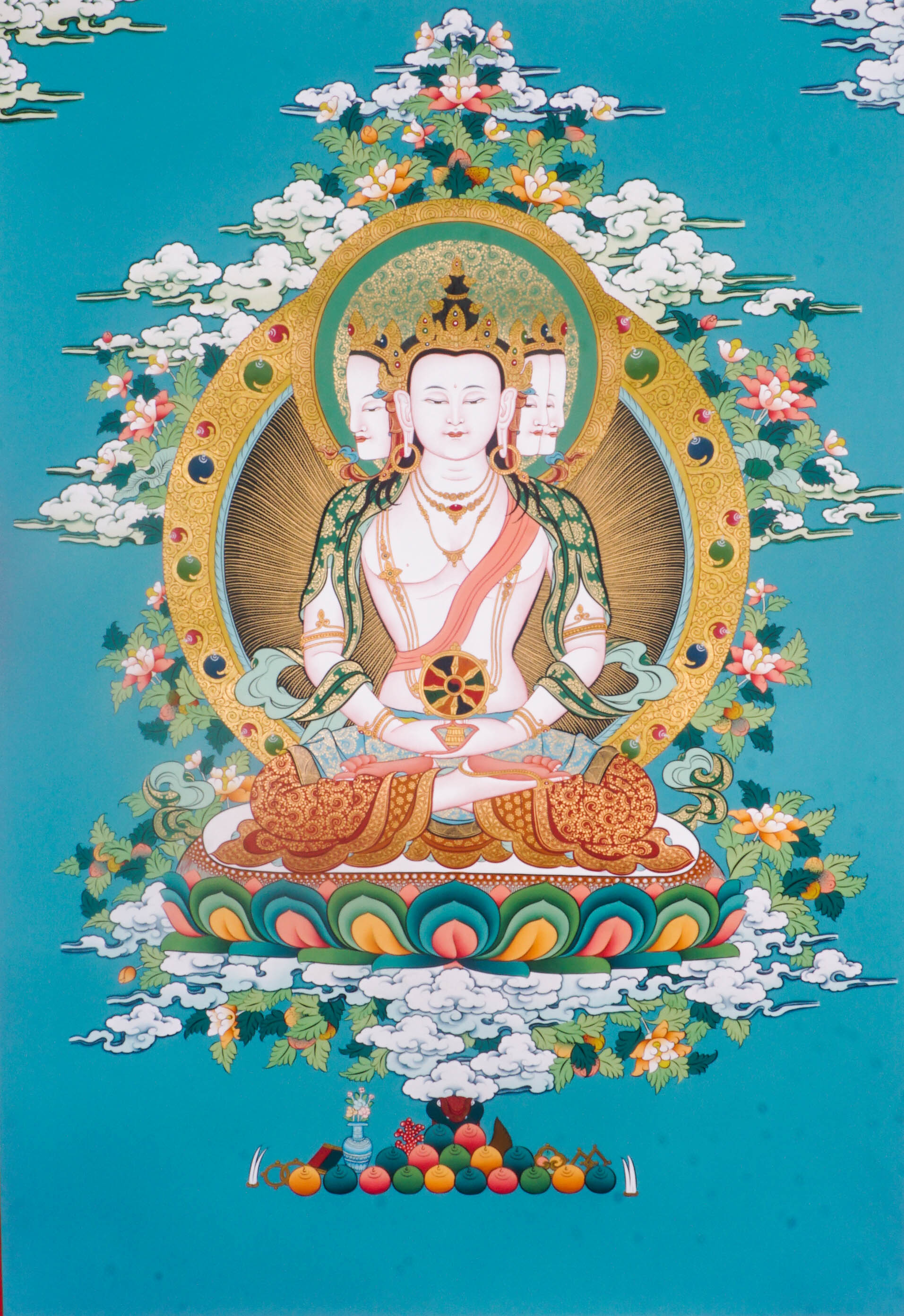 The Three-Headed Amitayus Buddha Thangka is a hand-painted depiction of the Buddha of Infinite Life, symbolizing longevity, wisdom, and compassion. Ideal for meditation or sacred spaces, this traditional artwork radiates spiritual energy and offers blessings of health and inner peace. 