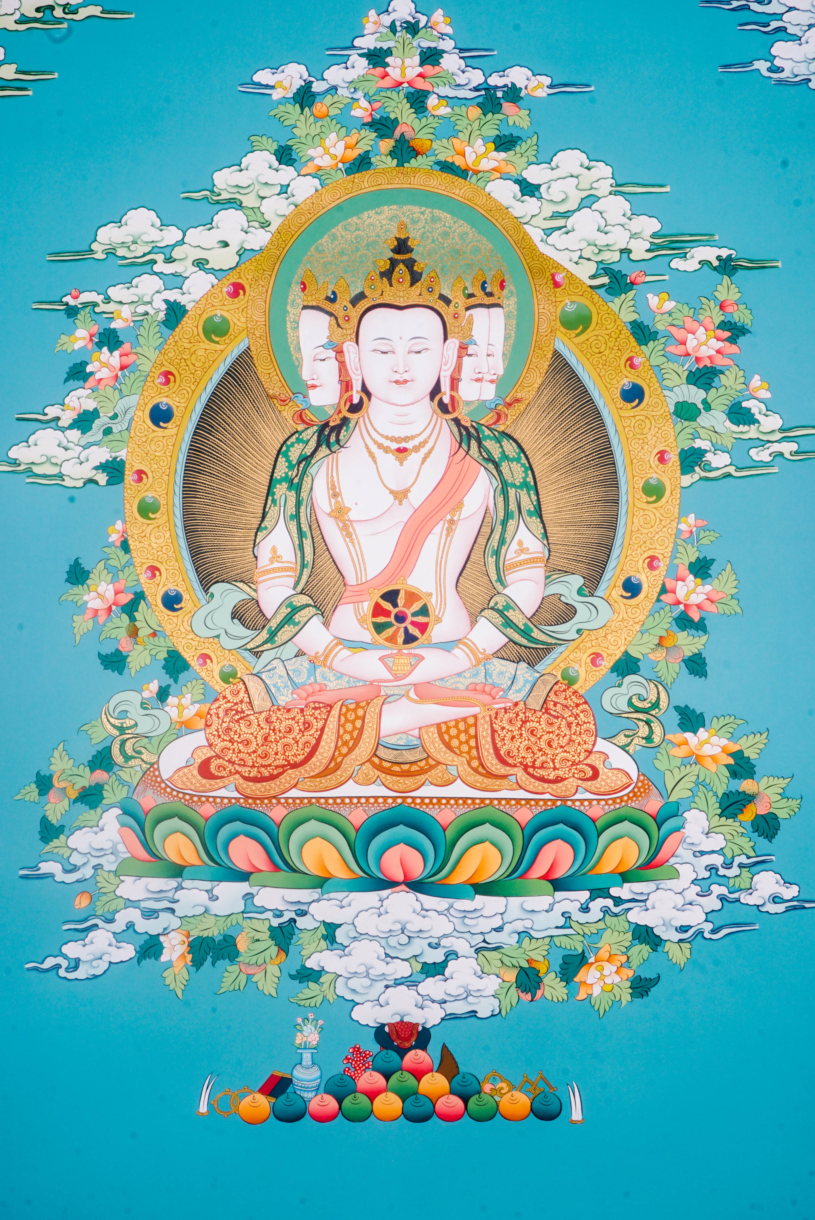 The Three-Headed Amitayus Buddha Thangka is a hand-painted depiction of the Buddha of Infinite Life, symbolizing longevity, wisdom, and compassion. Ideal for meditation or sacred spaces, this traditional artwork radiates spiritual energy and offers blessings of health and inner peace. 