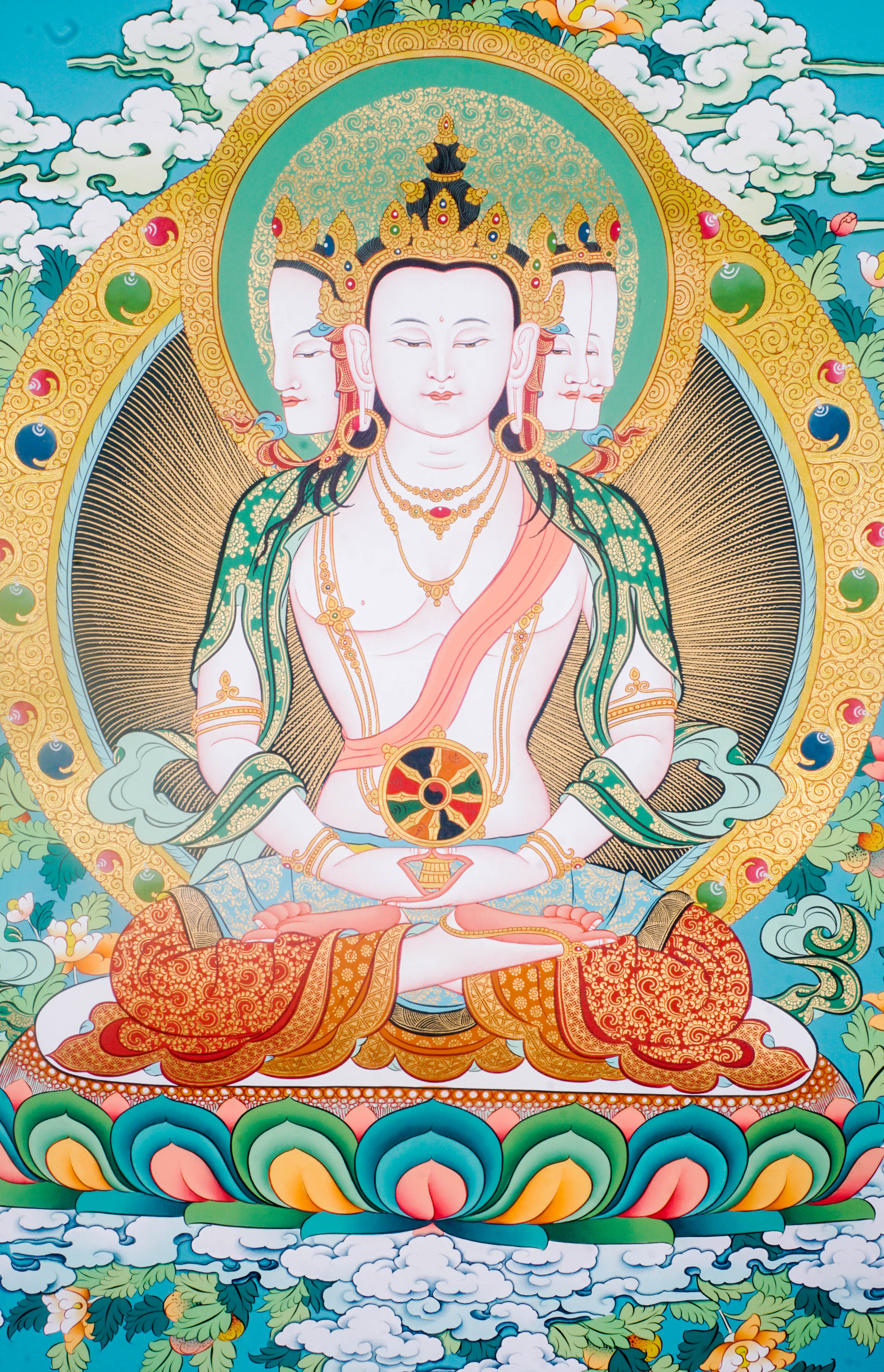 The Three-Headed Amitayus Buddha Thangka is a hand-painted depiction of the Buddha of Infinite Life, symbolizing longevity, wisdom, and compassion. Ideal for meditation or sacred spaces, this traditional artwork radiates spiritual energy and offers blessings of health and inner peace. 