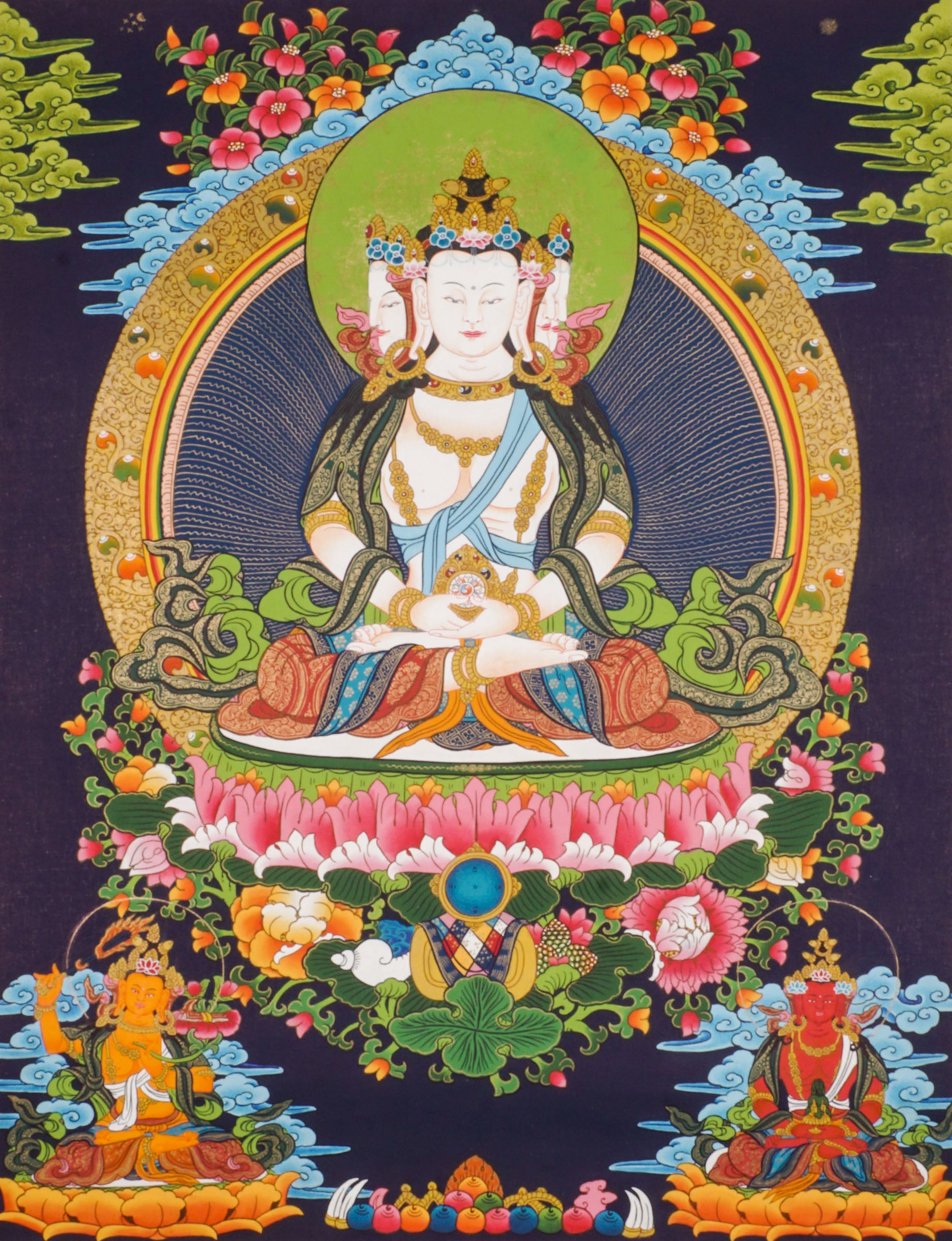 Hand-painted three-headed Vairocana Buddha thangka with Manjushree below, detailed 24k gold ornaments and lotus throne in traditional Himalayan style.
