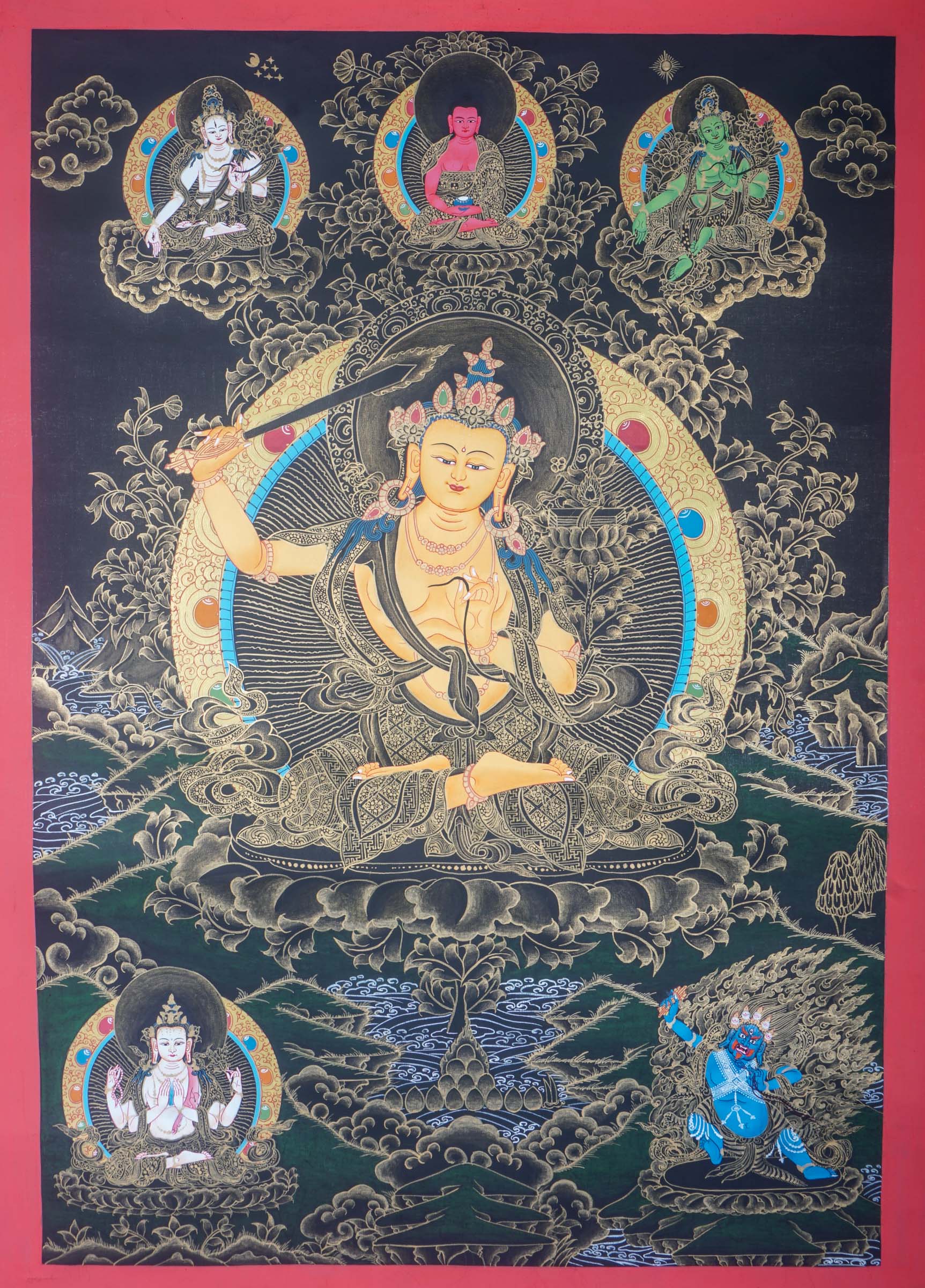 This genuine Tibetan Thangka of Manjushri depicts the Bodhisattva of wisdom with a sword and book, symbolizing the power to cut through ignorance and reveal enlightened knowledge. A sacred Buddhist painting, it is hand-painted with natural pigments, perfect for meditation and spiritual growth.