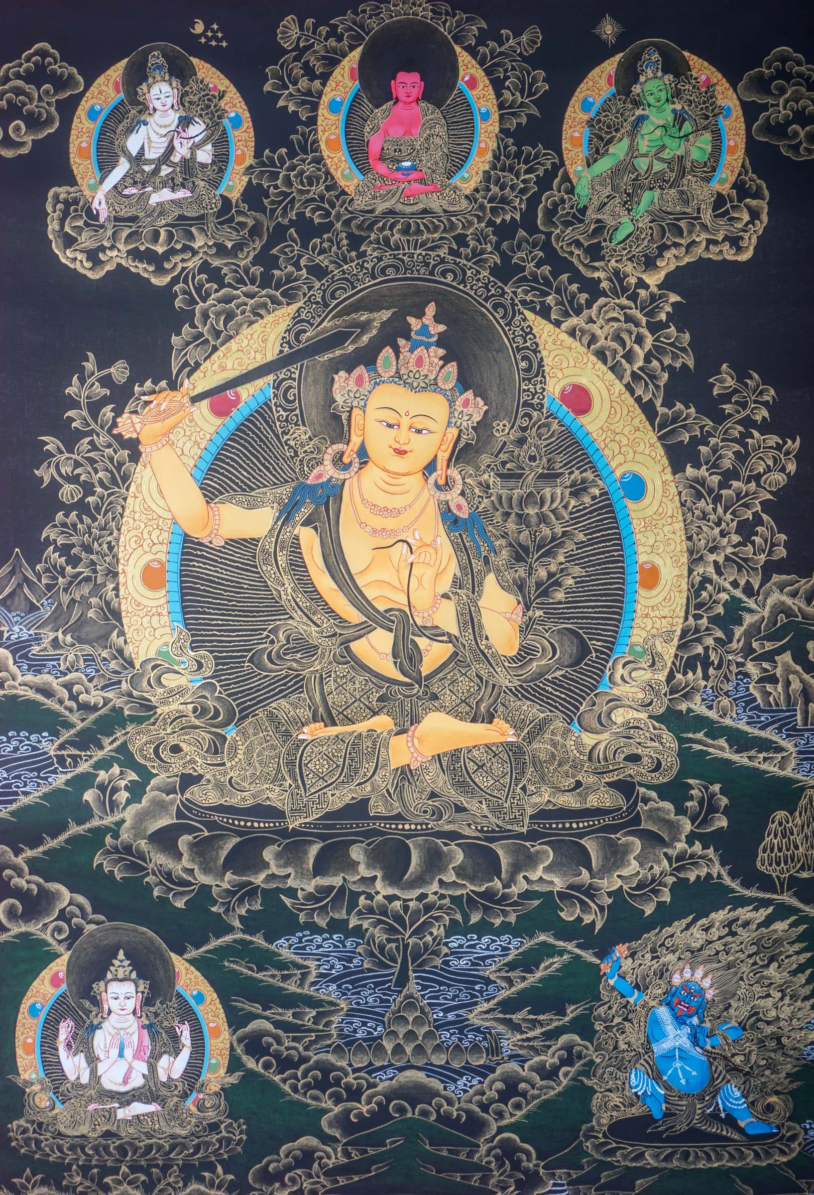This genuine Tibetan Thangka of Manjushri depicts the Bodhisattva of wisdom with a sword and book, symbolizing the power to cut through ignorance and reveal enlightened knowledge. A sacred Buddhist painting, it is hand-painted with natural pigments, perfect for meditation and spiritual growth.