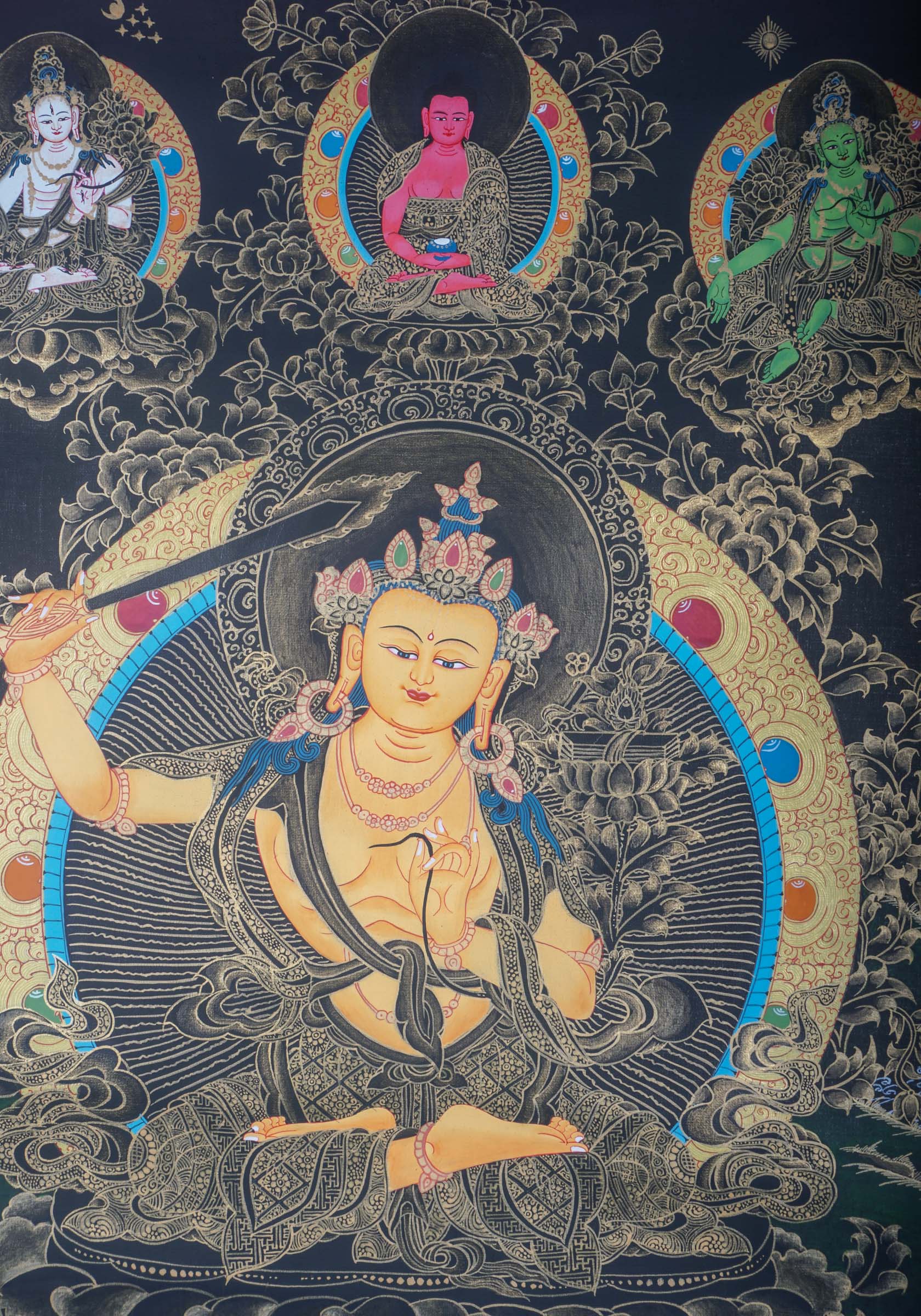 This genuine Tibetan Thangka of Manjushri depicts the Bodhisattva of wisdom with a sword and book, symbolizing the power to cut through ignorance and reveal enlightened knowledge. A sacred Buddhist painting, it is hand-painted with natural pigments, perfect for meditation and spiritual growth.