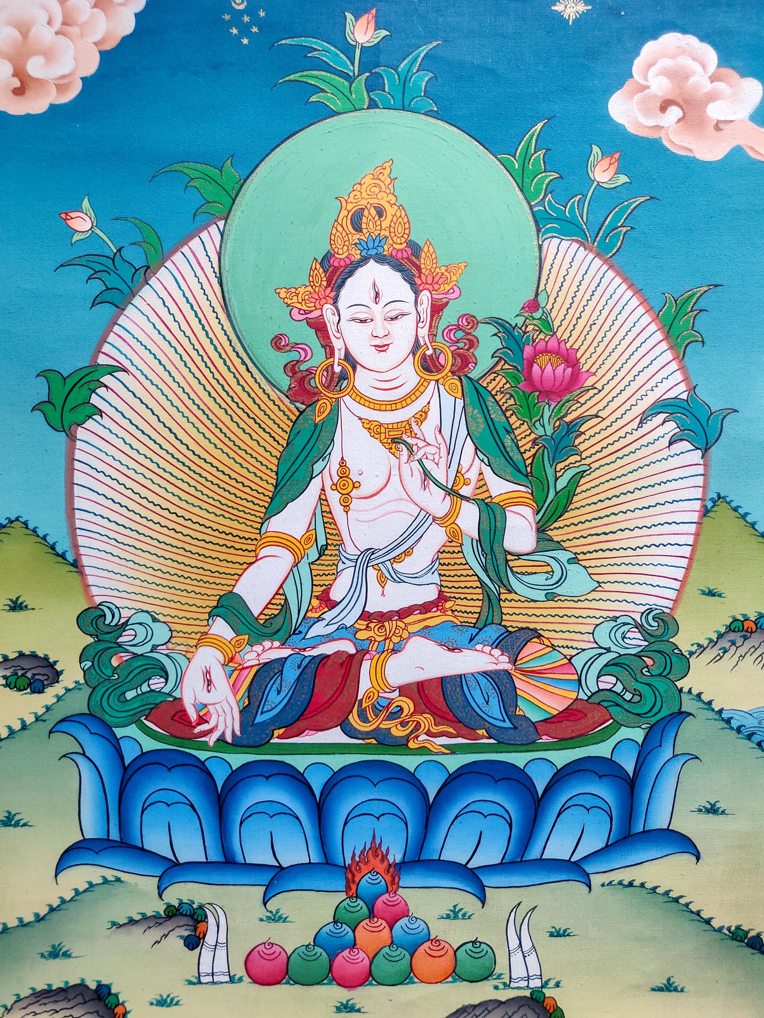 This White Tara Thangka Painting is perfect for bringing peace and enlightenment into your home or other holy location.