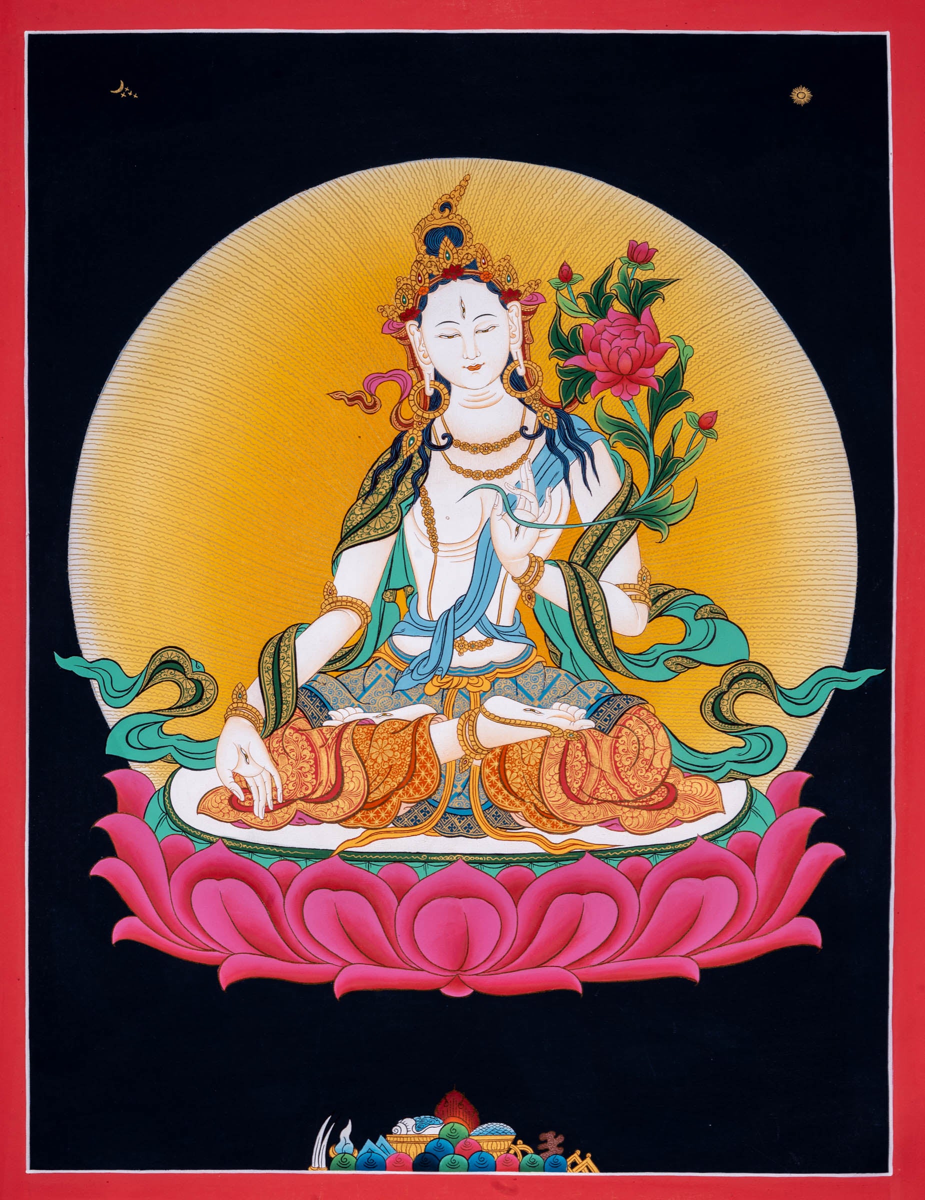 This genuine Tibetan Thangka of White Tara represents healing, compassion, and longevity, revered in Tibetan Buddhism for her nurturing and protective presence. Hand-painted using traditional methods and mineral pigments, it radiates serene energy ideal for any sacred or meditation space.