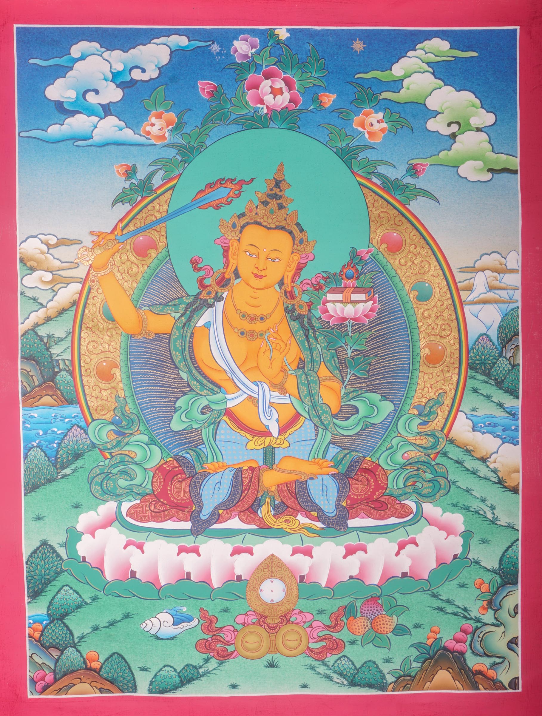 This genuine Tibetan Thangka of Manjushri embodies the enlightened wisdom of Buddhism, hand-painted with natural pigments by skilled artisans. A symbol of clarity and knowledge, this Buddhist artwork is perfect for any sacred or meditative space.