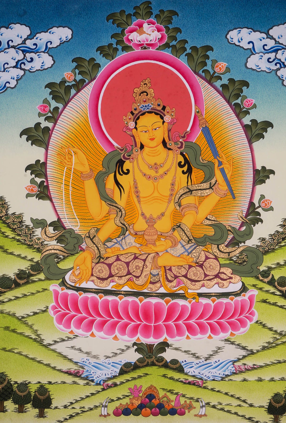Hand-painted Tichang thangka featuring a revered Tibetan Buddhist master seated on a lotus throne surrounded by flowers, sacred ornaments, and a traditional Himalayan landscape.