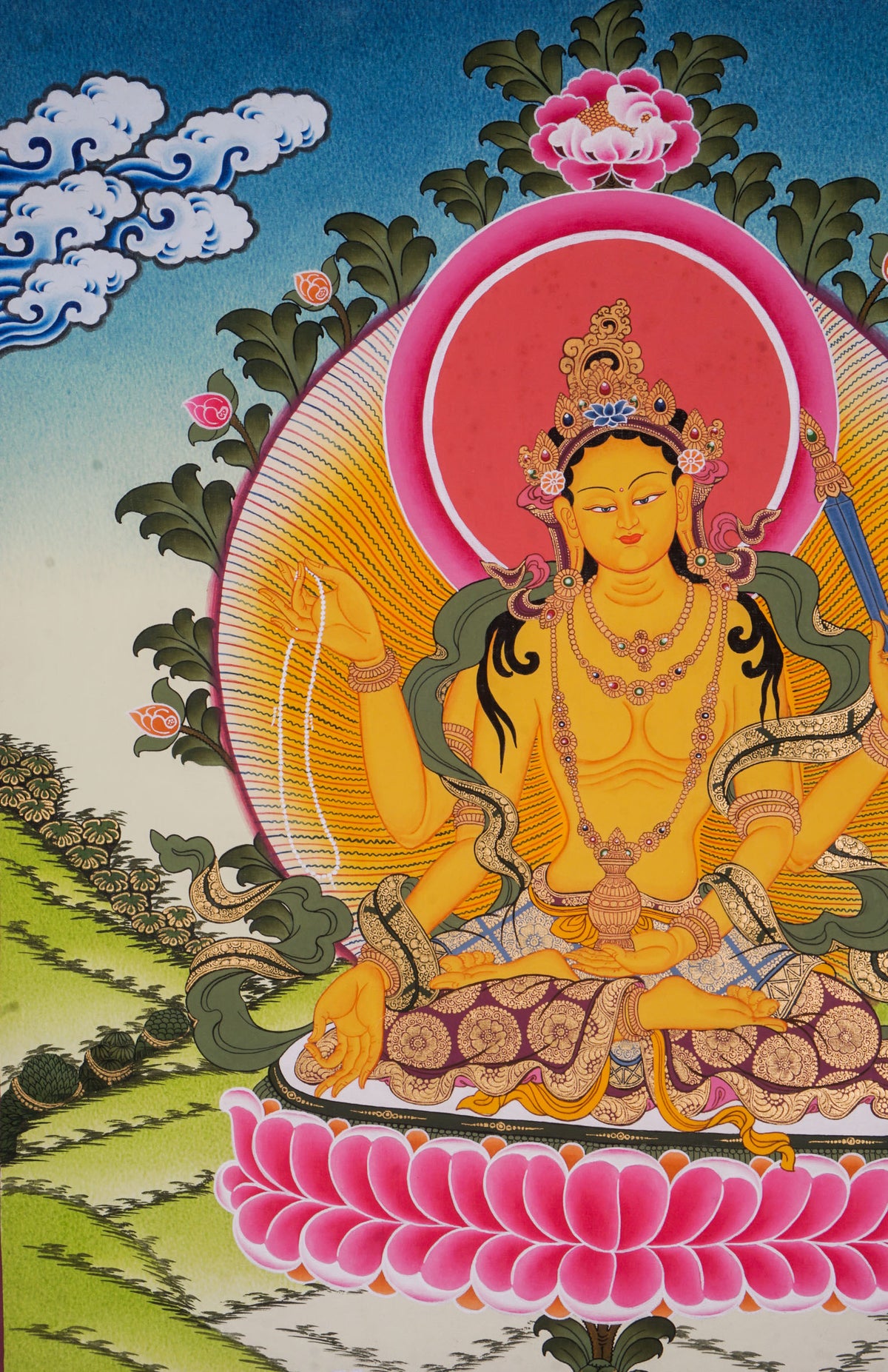 Hand-painted Tichang thangka featuring a revered Tibetan Buddhist master seated on a lotus throne surrounded by flowers, sacred ornaments, and a traditional Himalayan landscape.