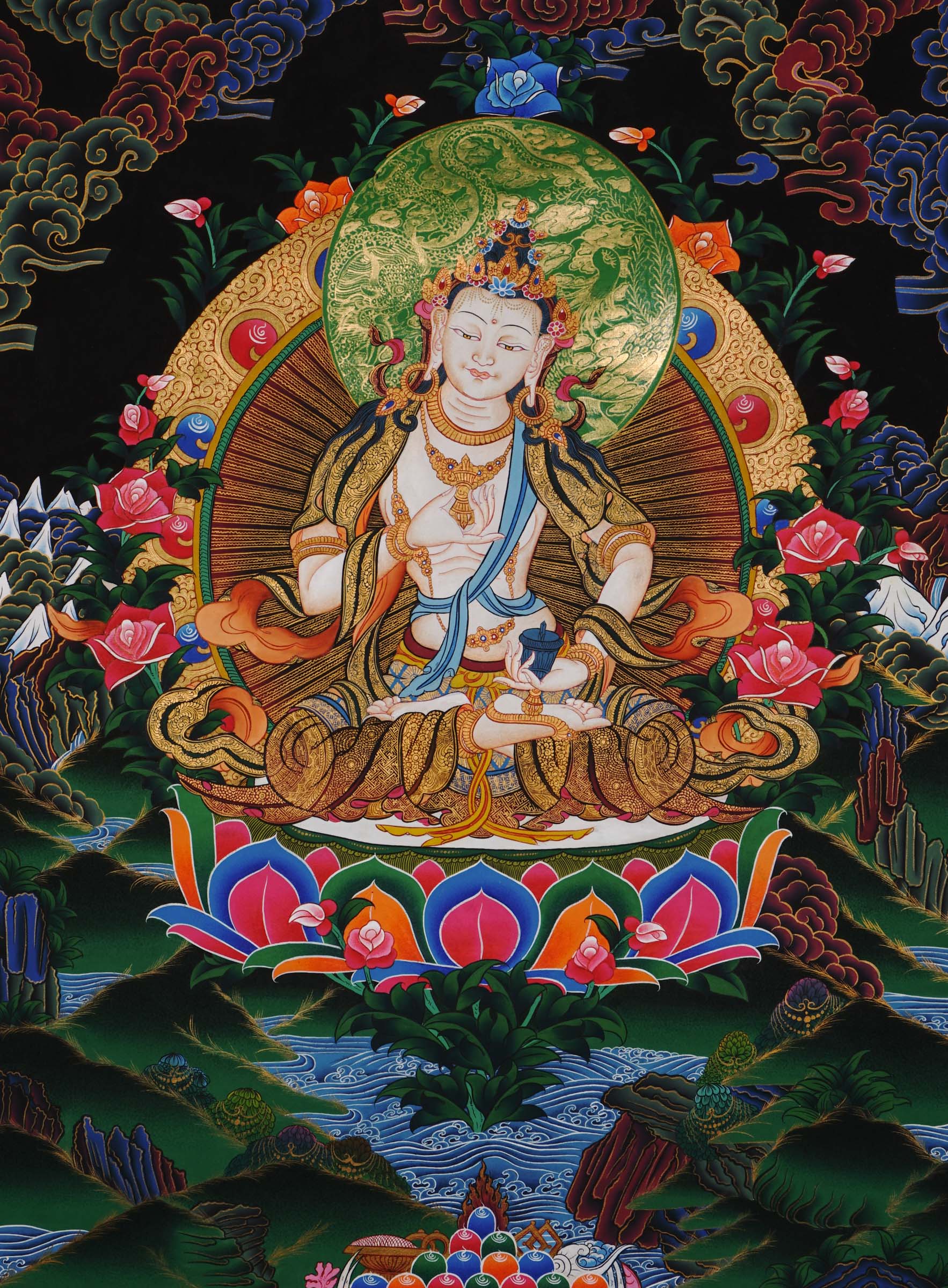 Hand-painted Vajrasattva Thangka from Nepal with 24k gold, depicting Vajrasattva seated on lotus moon disc holding vajra and bell, symbolizing purification and wisdom.