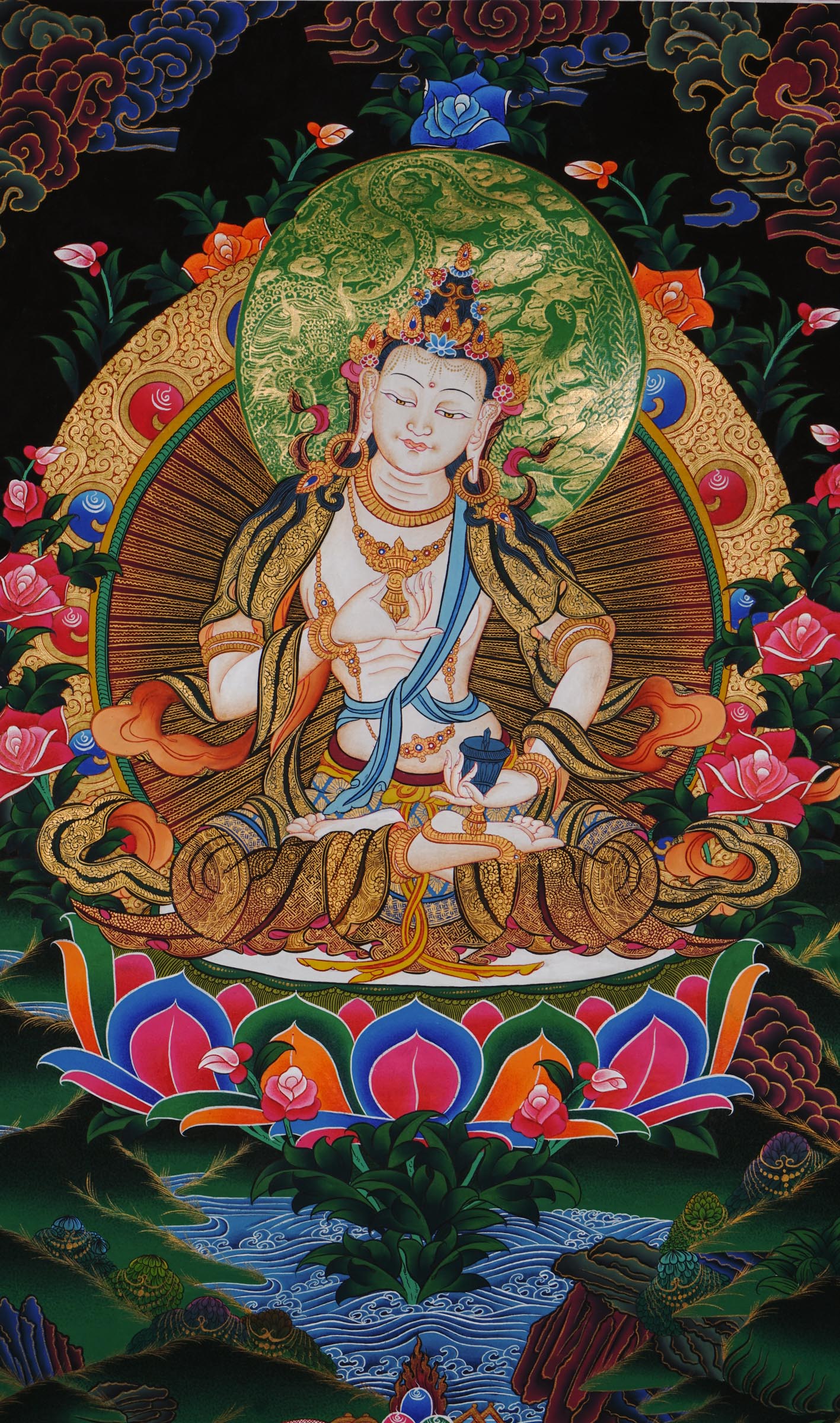 Hand-painted Vajrasattva Thangka from Nepal with 24k gold, depicting Vajrasattva seated on lotus moon disc holding vajra and bell, symbolizing purification and wisdom.