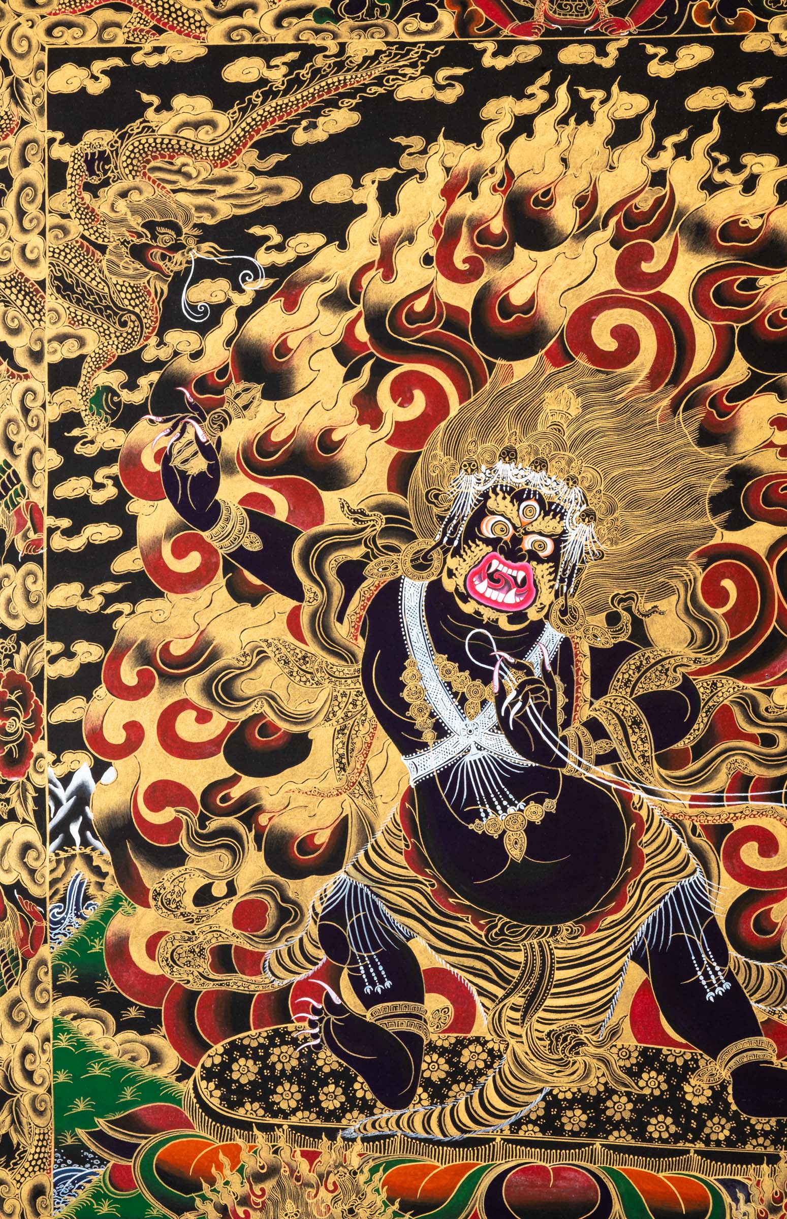 Wrathful Vajrapani Thangka depicting the fierce protector bodhisattva in dynamic posture, holding a vajra, surrounded by flames of wisdom and gold detailing, symbolizing spiritual power and the destruction of ignorance in Tibetan Buddhist art.