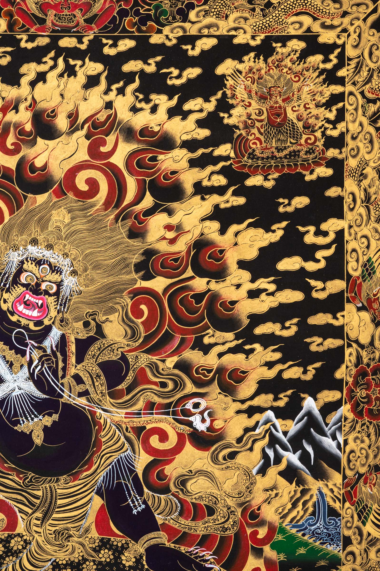 Wrathful Vajrapani Thangka depicting the fierce protector bodhisattva in dynamic posture, holding a vajra, surrounded by flames of wisdom and gold detailing, symbolizing spiritual power and the destruction of ignorance in Tibetan Buddhist art.