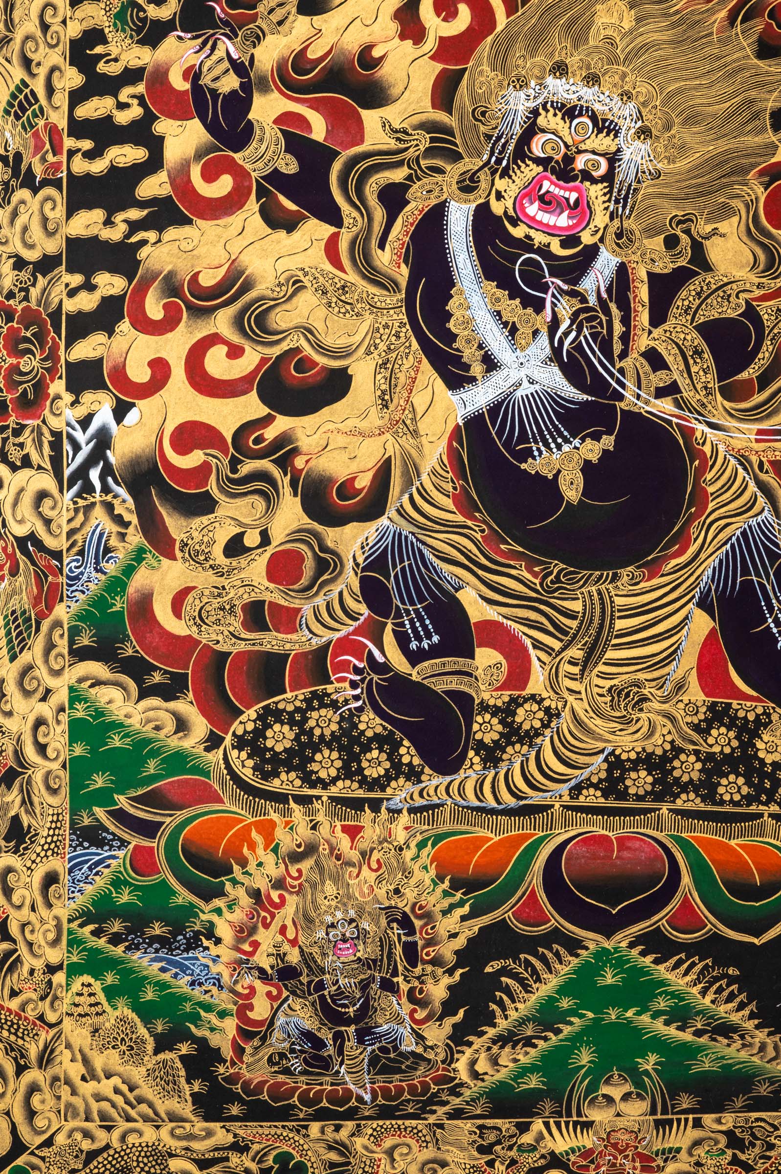 Wrathful Vajrapani Thangka depicting the fierce protector bodhisattva in dynamic posture, holding a vajra, surrounded by flames of wisdom and gold detailing, symbolizing spiritual power and the destruction of ignorance in Tibetan Buddhist art.