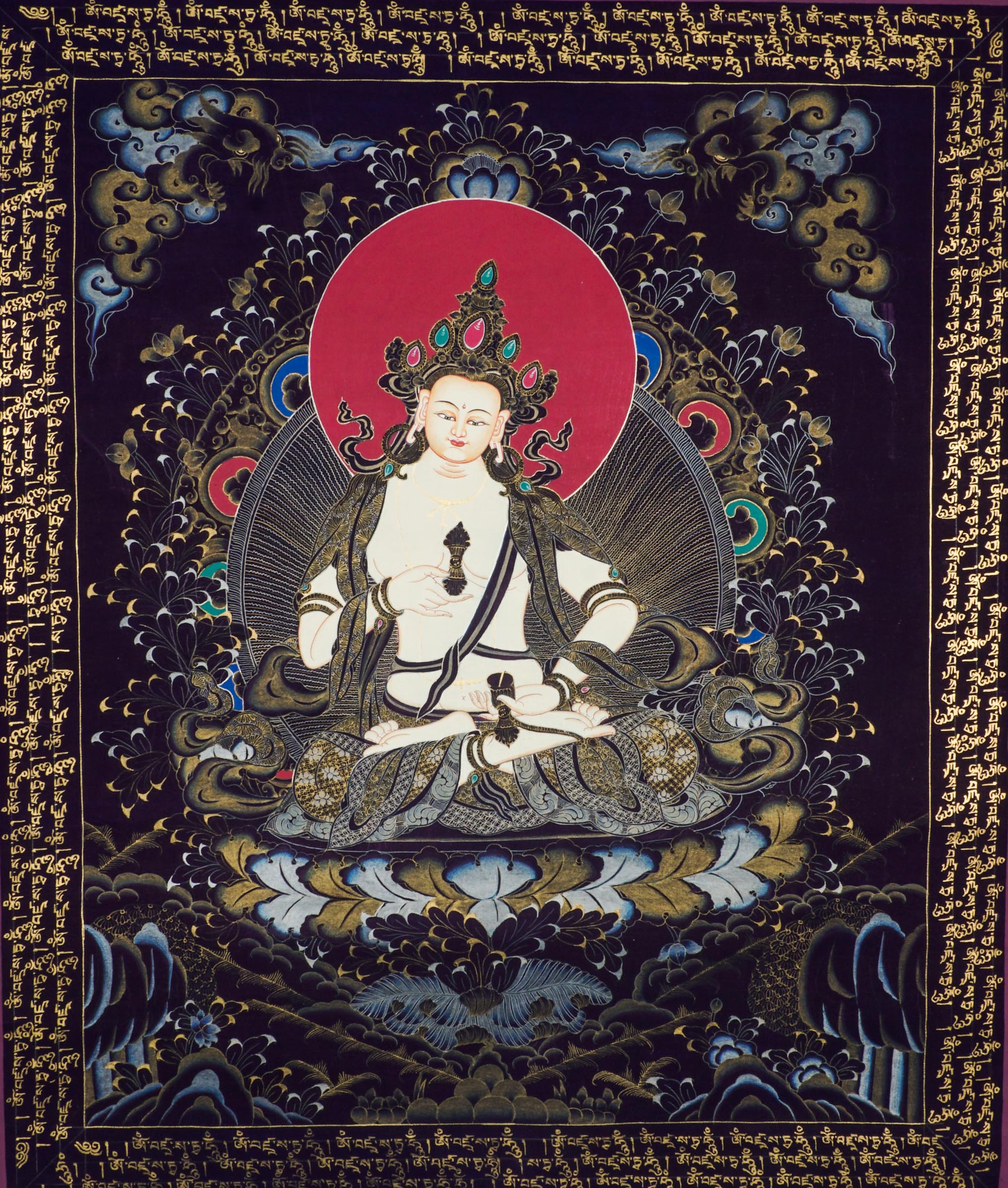 A beautifully hand-painted sacred artwork of Vajra Sattva Thangka with mantra.