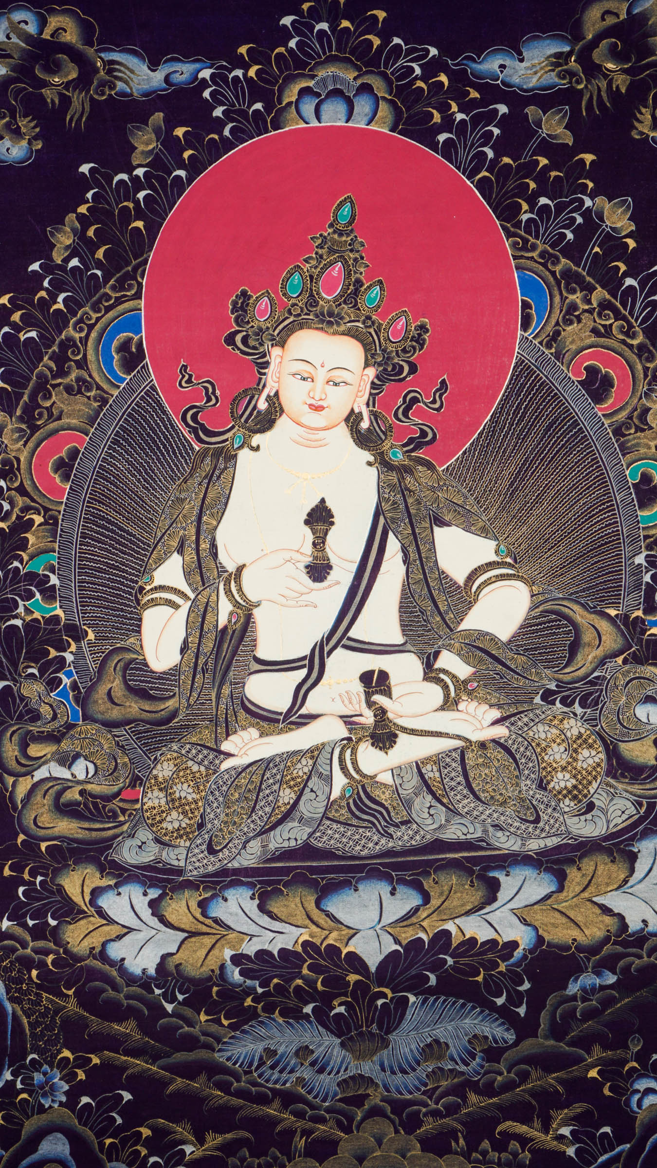 A beautifully hand-painted sacred artwork of Vajra Sattva Thangka with mantra.