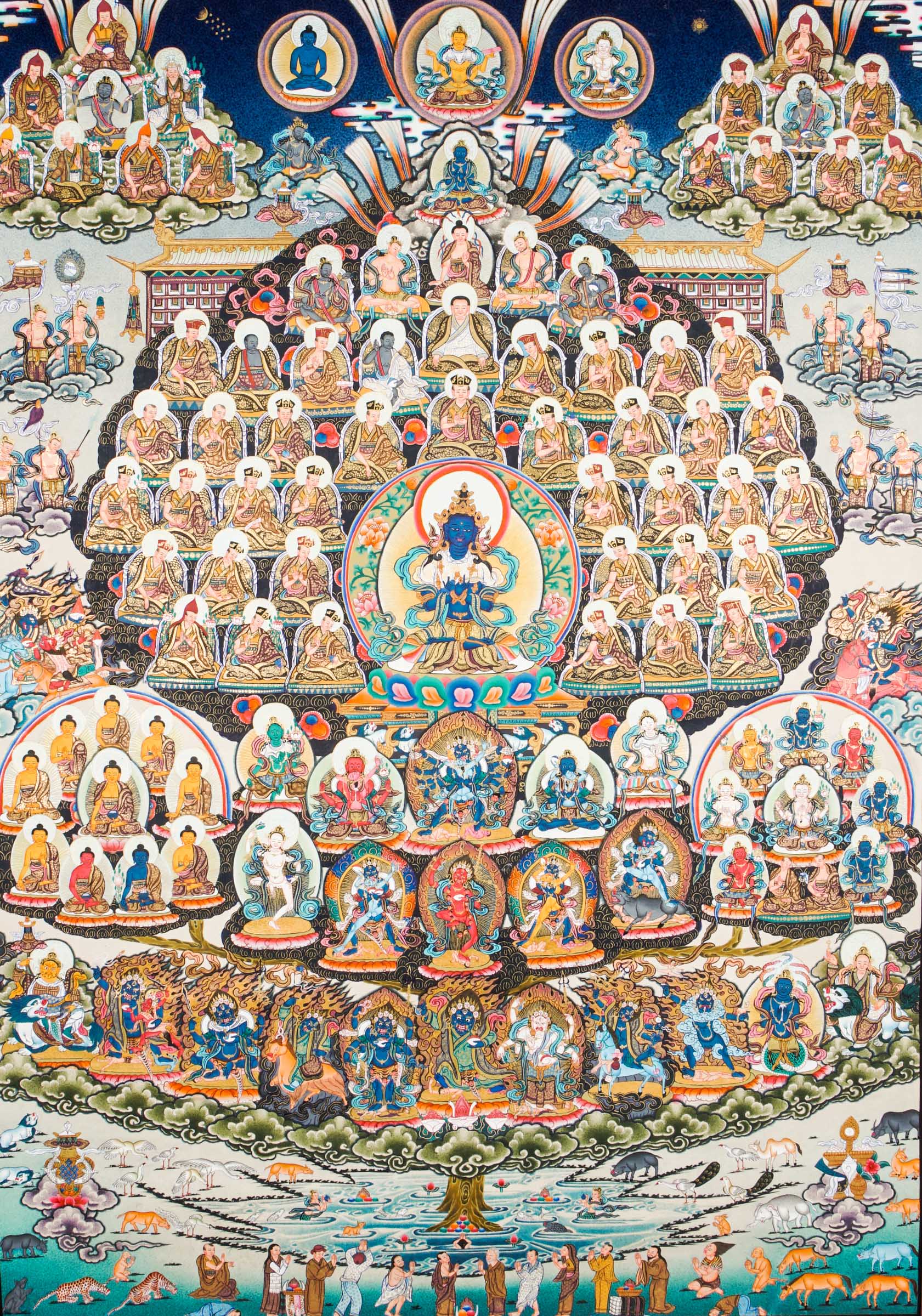 Large traditional Tibetan thangka depicting a detailed Buddhist cosmological assembly, with Vajradhara at the center surrounded by numerous Buddhas, bodhisattvas, lineage masters, and symbolic figures arranged in a complex, symmetrical composition.