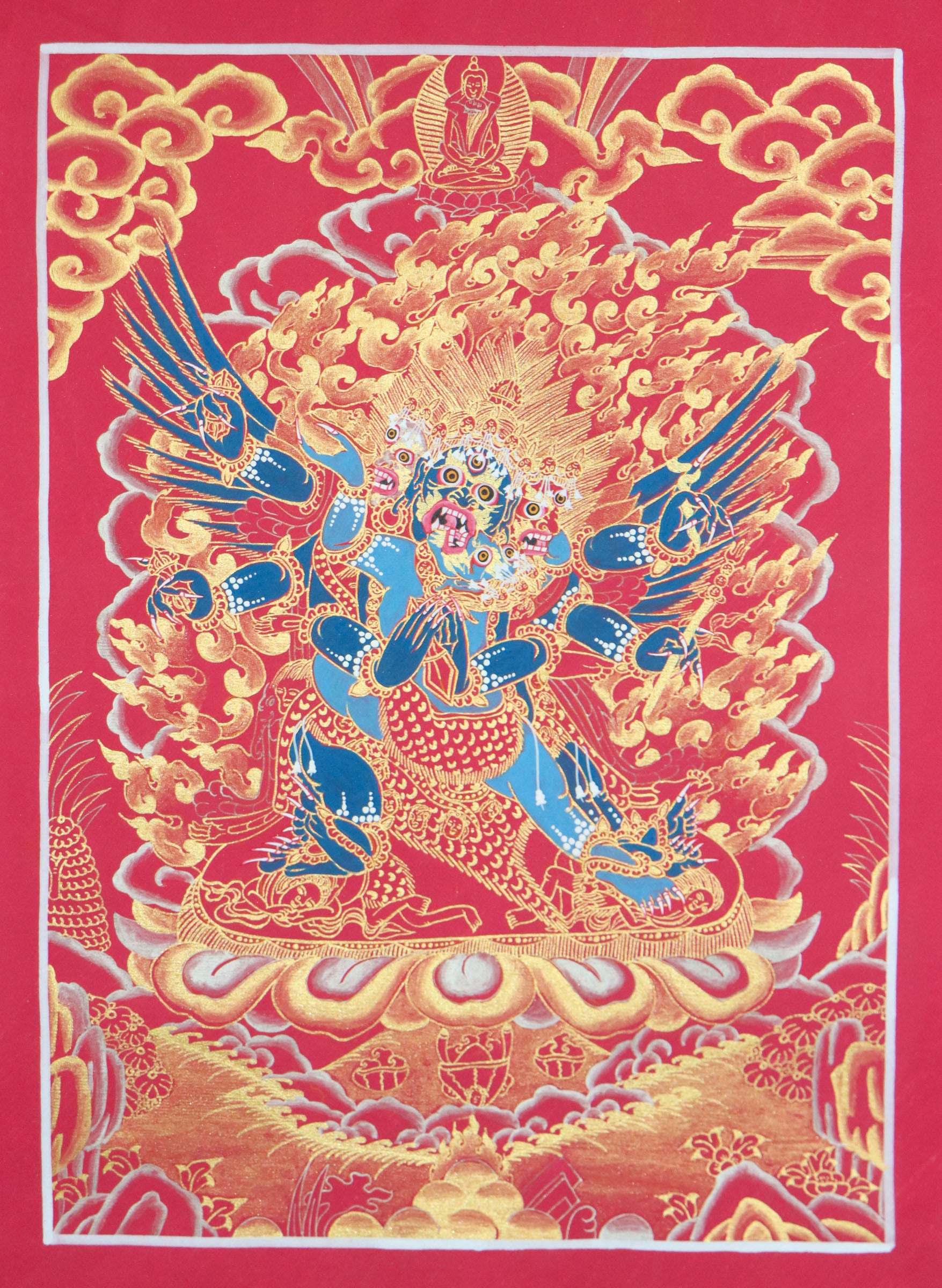 This Tibetan Thangka of Vajrakilaya, the wrathful form of Vajrasattva, symbolizes the removal of spiritual obstacles and protection of the Dharma. Fierce and powerful, this genuine Thangka embodies enlightened energy through intricate detail and traditional Buddhist symbolism.