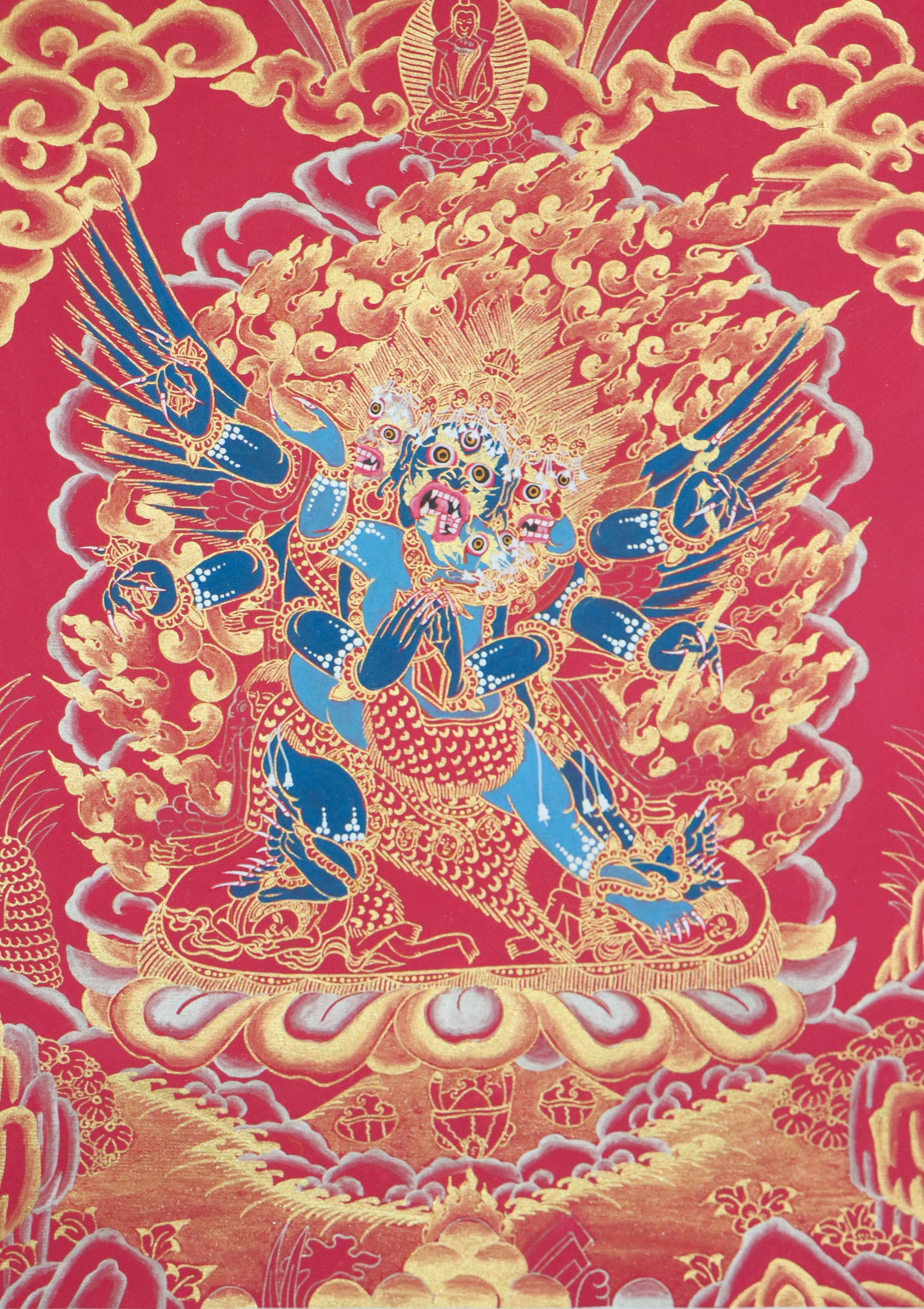 This Tibetan Thangka of Vajrakilaya, the wrathful form of Vajrasattva, symbolizes the removal of spiritual obstacles and protection of the Dharma. Fierce and powerful, this genuine Thangka embodies enlightened energy through intricate detail and traditional Buddhist symbolism.