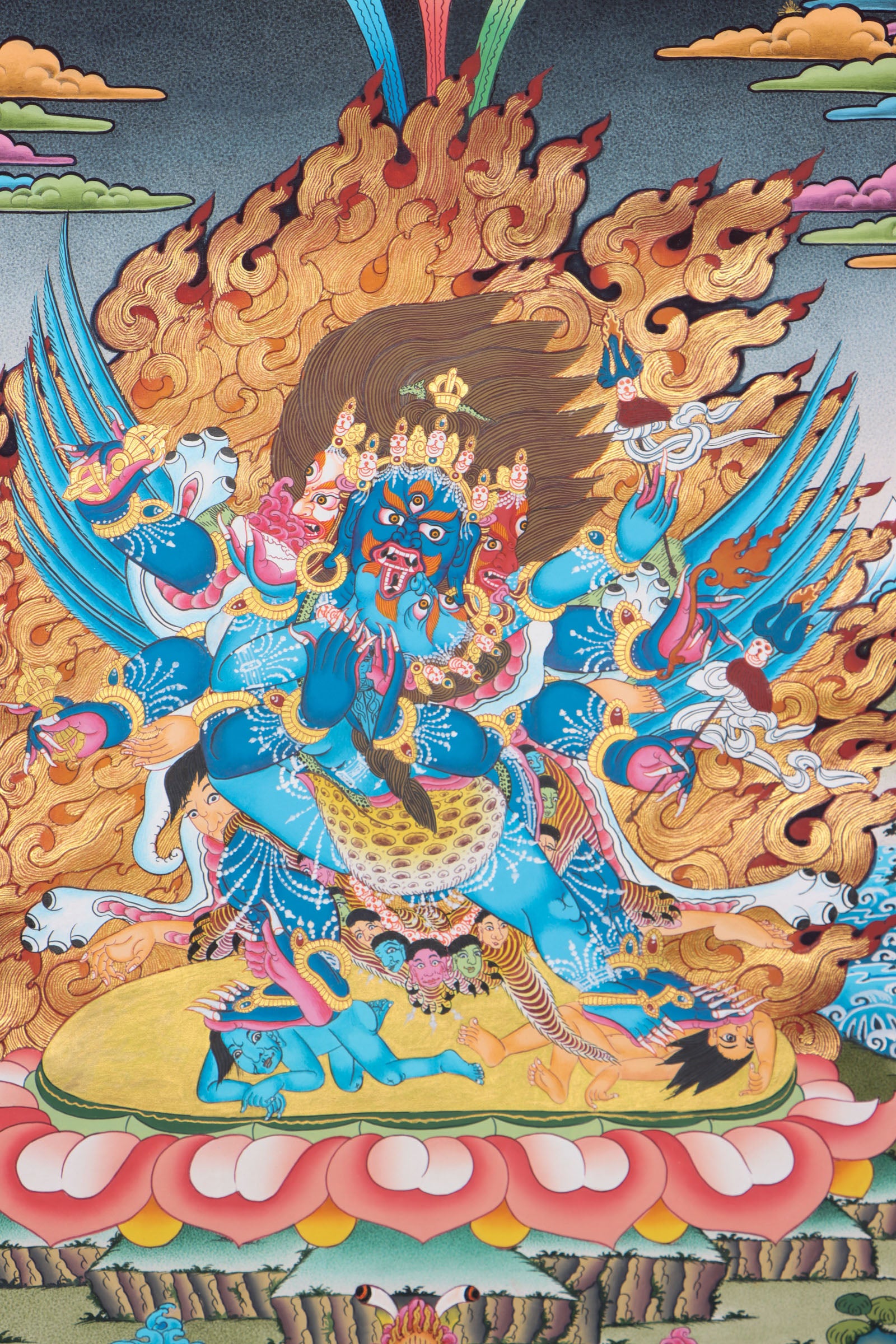 Vajrakilaya, also known as Vajrakumara, is a powerful wrathful deity in Tibetan Buddhism who symbolizes the destruction of obstacles and negativity through enlightened energy. This authentic Tibetan Thangka is hand-painted by skilled artisans using natural mineral pigments, making it a genuine spiritual tool for protection, transformation, and deep tantric practice.