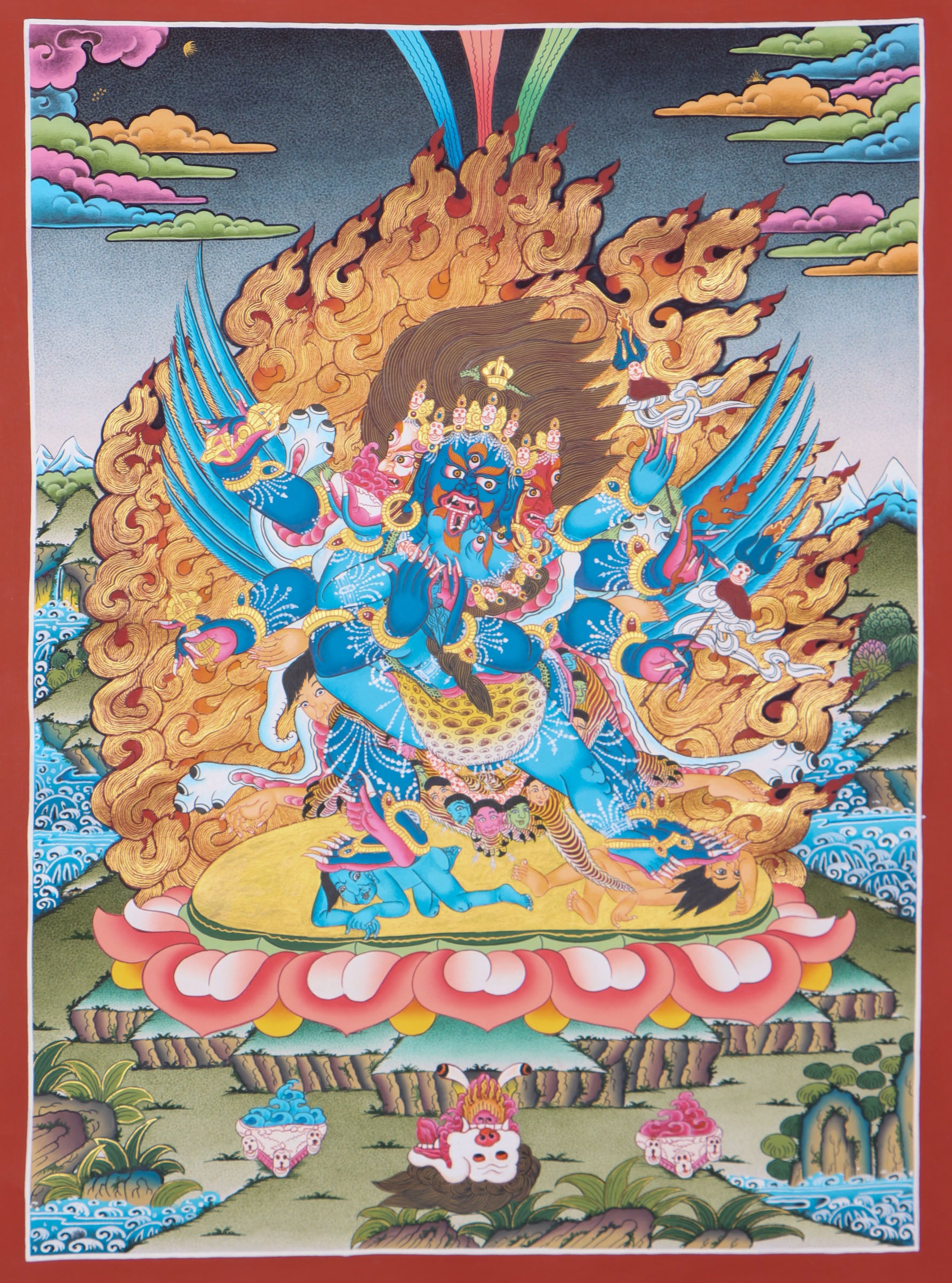 Vajrakilaya, also known as Vajrakumara, is a powerful wrathful deity in Tibetan Buddhism who symbolizes the destruction of obstacles and negativity through enlightened energy. This authentic Tibetan Thangka is hand-painted by skilled artisans using natural mineral pigments, making it a genuine spiritual tool for protection, transformation, and deep tantric practice.
