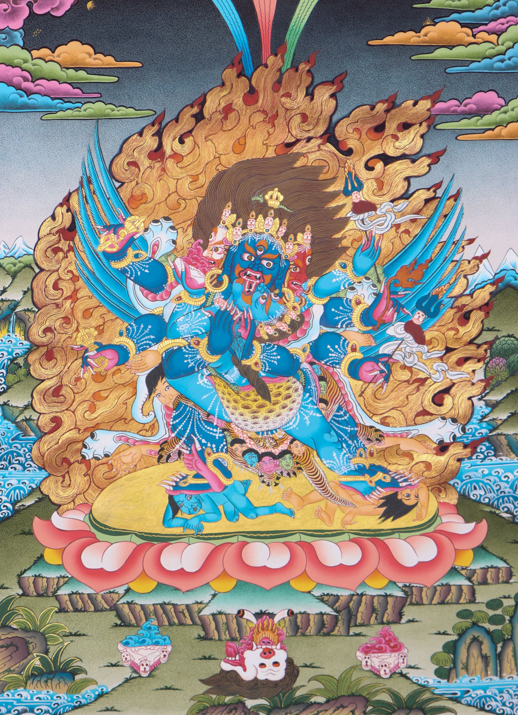 Vajrakilaya, also known as Vajrakumara, is a powerful wrathful deity in Tibetan Buddhism who symbolizes the destruction of obstacles and negativity through enlightened energy. This authentic Tibetan Thangka is hand-painted by skilled artisans using natural mineral pigments, making it a genuine spiritual tool for protection, transformation, and deep tantric practice.