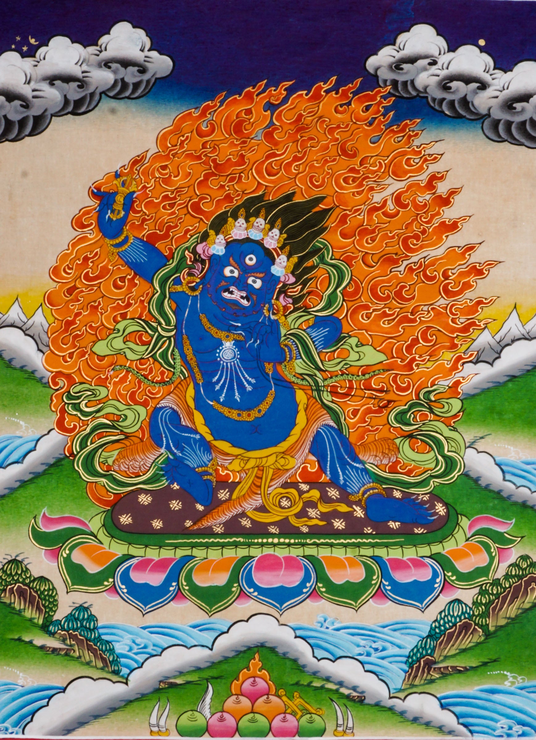 Traditional Tibetan thangka painting depicting Vajrapani, a blue-skinned wrathful deity in a powerful stance on a lotus throne, encircled by flames, with clouds and mountains in the background.