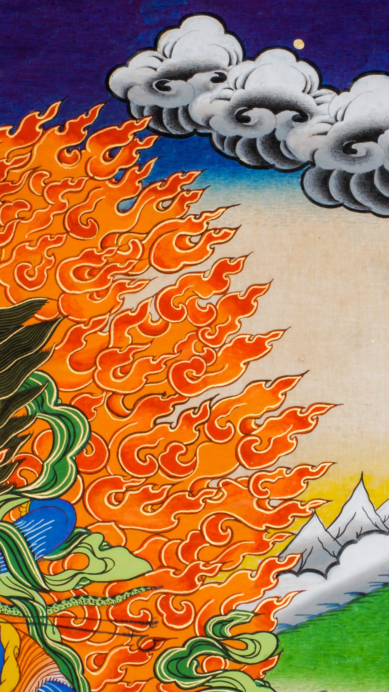 Traditional Tibetan thangka painting depicting Vajrapani, a blue-skinned wrathful deity in a powerful stance on a lotus throne, encircled by flames, with clouds and mountains in the background.