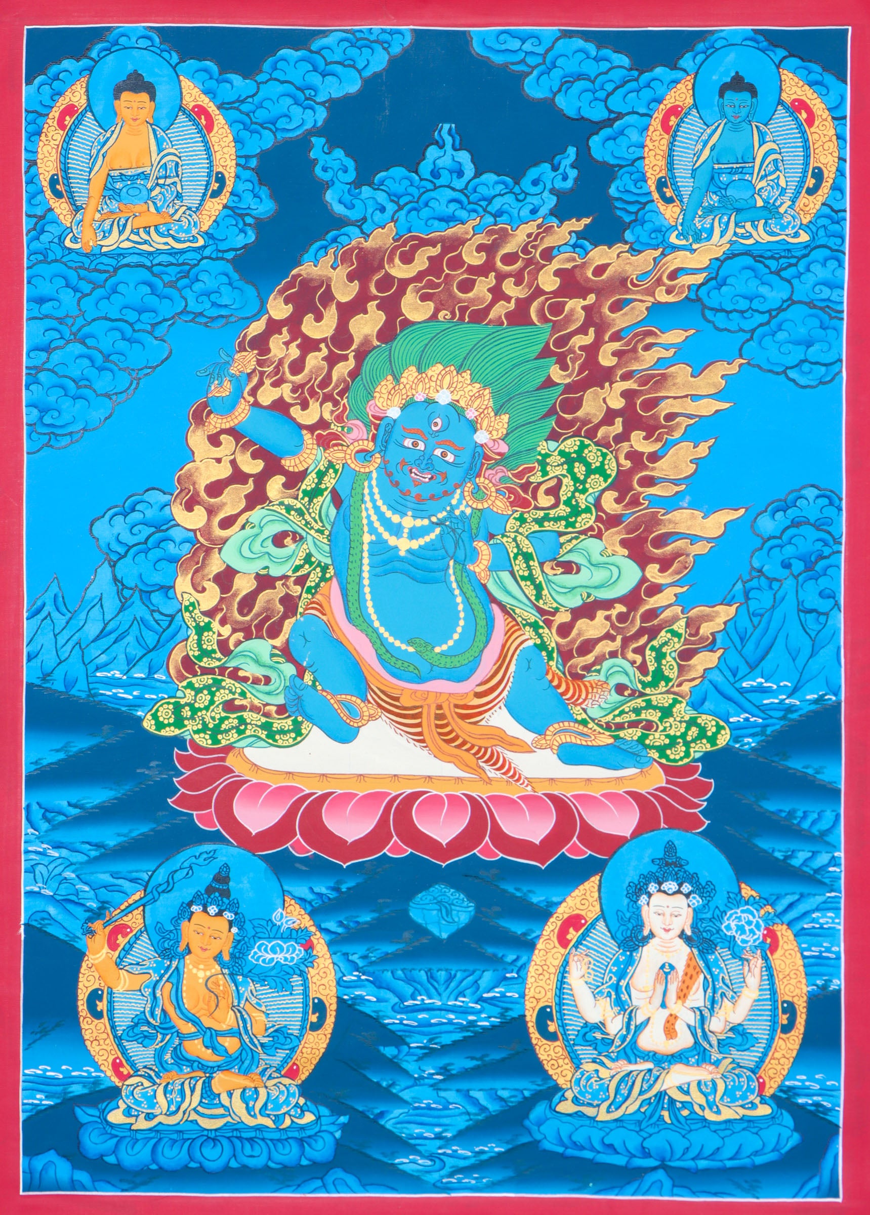 Vajrapani symbolizes enlightened power and protection, helping practitioners develop strength and overcome obstacles. This hand-painted Thangka captures his fierce energy with natural pigments and traditional craftsmanship, making it a powerful tool for meditation and spiritual focus.