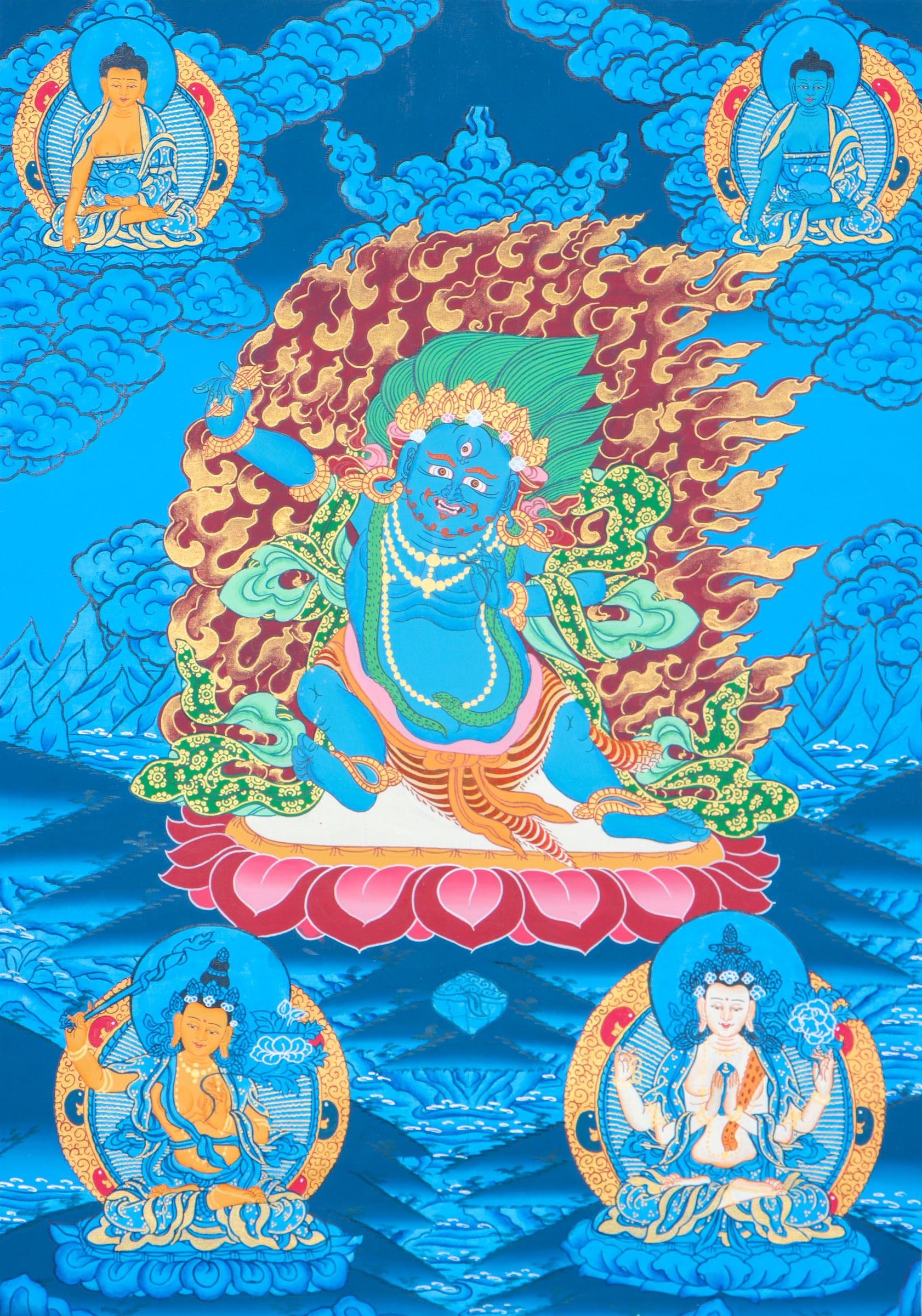 Vajrapani symbolizes enlightened power and protection, helping practitioners develop strength and overcome obstacles. This hand-painted Thangka captures his fierce energy with natural pigments and traditional craftsmanship, making it a powerful tool for meditation and spiritual focus.
