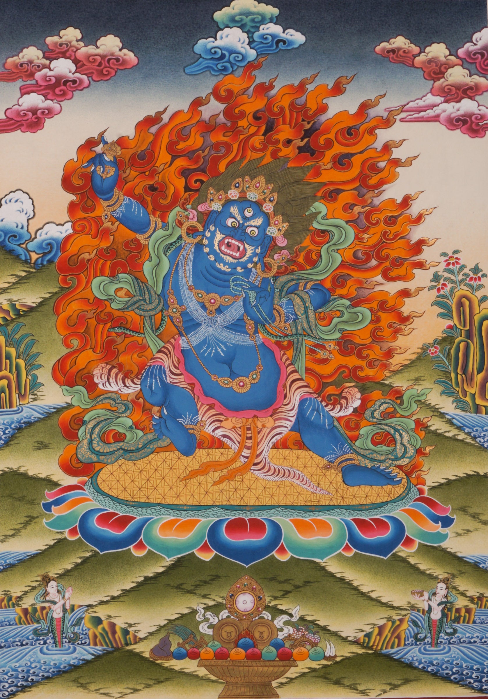 This genuine Vajrapani Thangka embodies strength, courage, and spiritual protection, hand-painted with natural mineral pigments by skilled artisans. A powerful focal point for meditation or sacred display, it invites Vajrapani's energy of transformation and inner fortitude into your space.