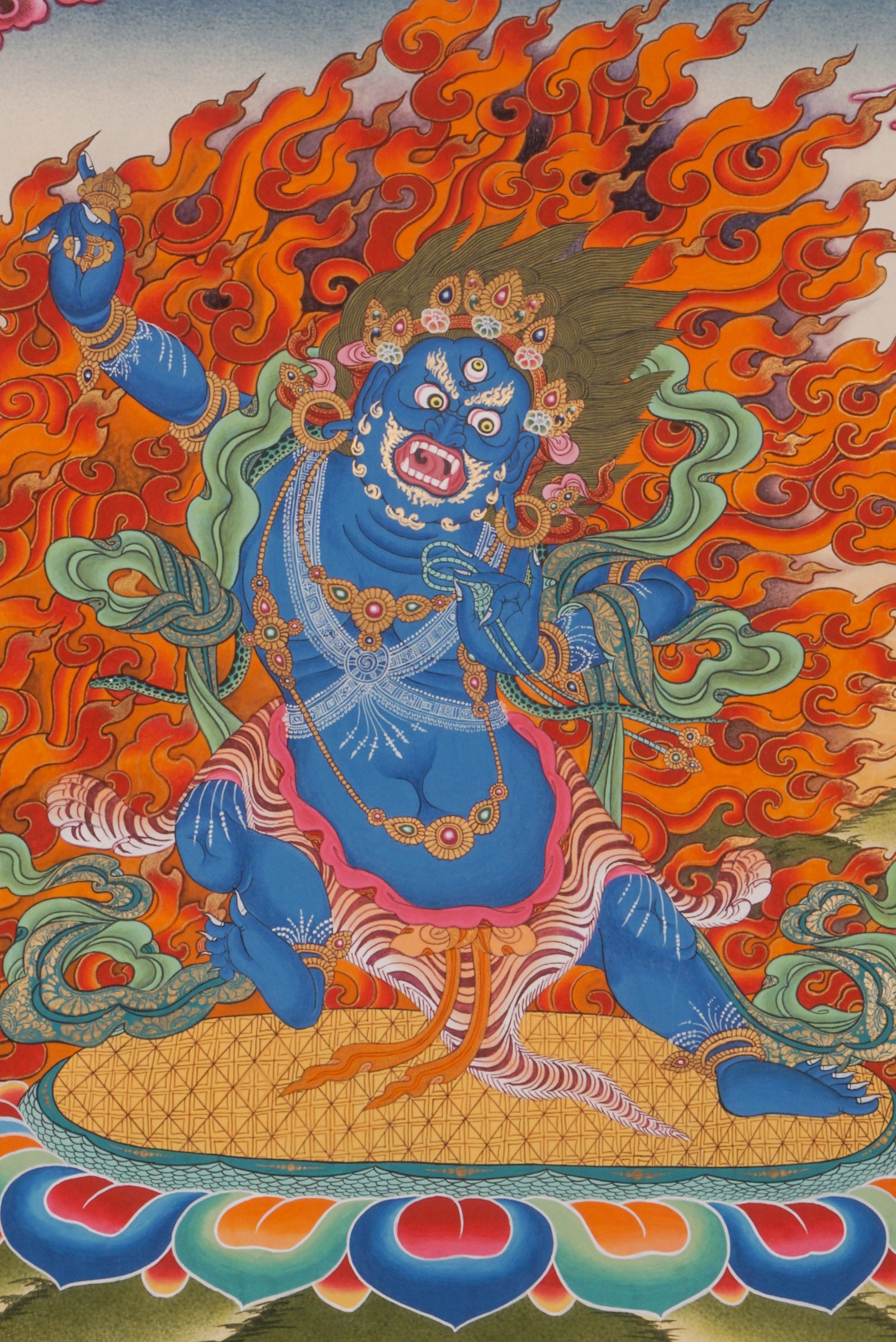 This genuine Vajrapani Thangka embodies strength, courage, and spiritual protection, hand-painted with natural mineral pigments by skilled artisans. A powerful focal point for meditation or sacred display, it invites Vajrapani's energy of transformation and inner fortitude into your space.