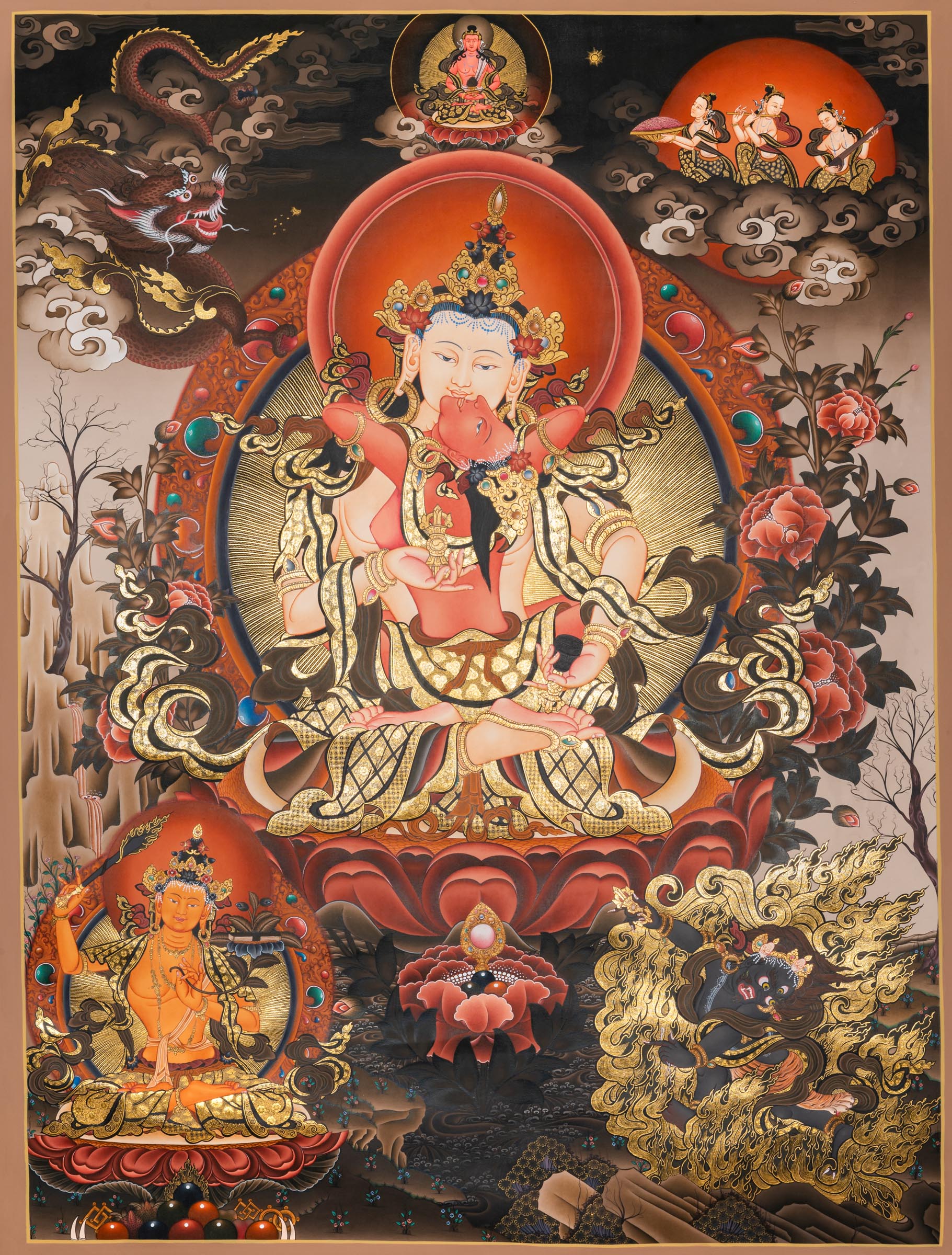 Vajrasattva with consort (Vajrasattva Shakti) Thangka depicting the tantric Buddha of purification seated on a lotus throne, adorned with jeweled ornaments, holding vajra and bell, surrounded by protective deities and symbolic clouds in traditional hand-painted Tibetan Buddhist art.