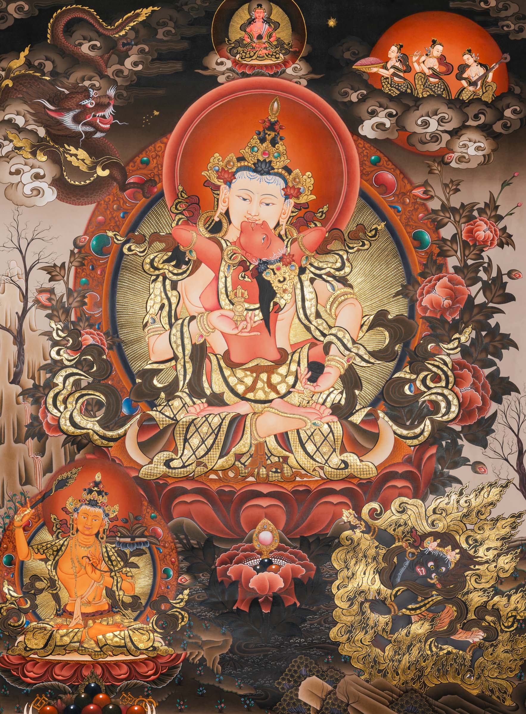 Vajrasattva with consort (Vajrasattva Shakti) Thangka depicting the tantric Buddha of purification seated on a lotus throne, adorned with jeweled ornaments, holding vajra and bell, surrounded by protective deities and symbolic clouds in traditional hand-painted Tibetan Buddhist art.