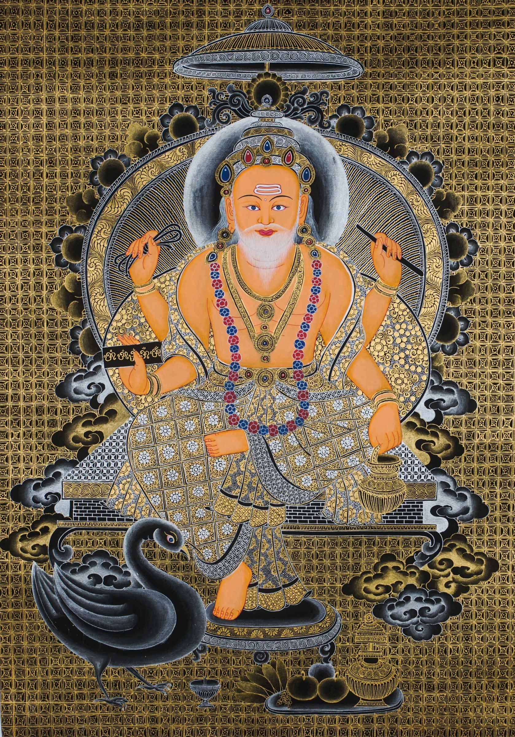 Hand-painted Vishwakarma Thangka painting depicting the Hindu god of creation and craftsmanship, sacred traditional art with intricate gold detailing, ideal for temple decor, spiritual spaces, and artisan-inspired wall art.