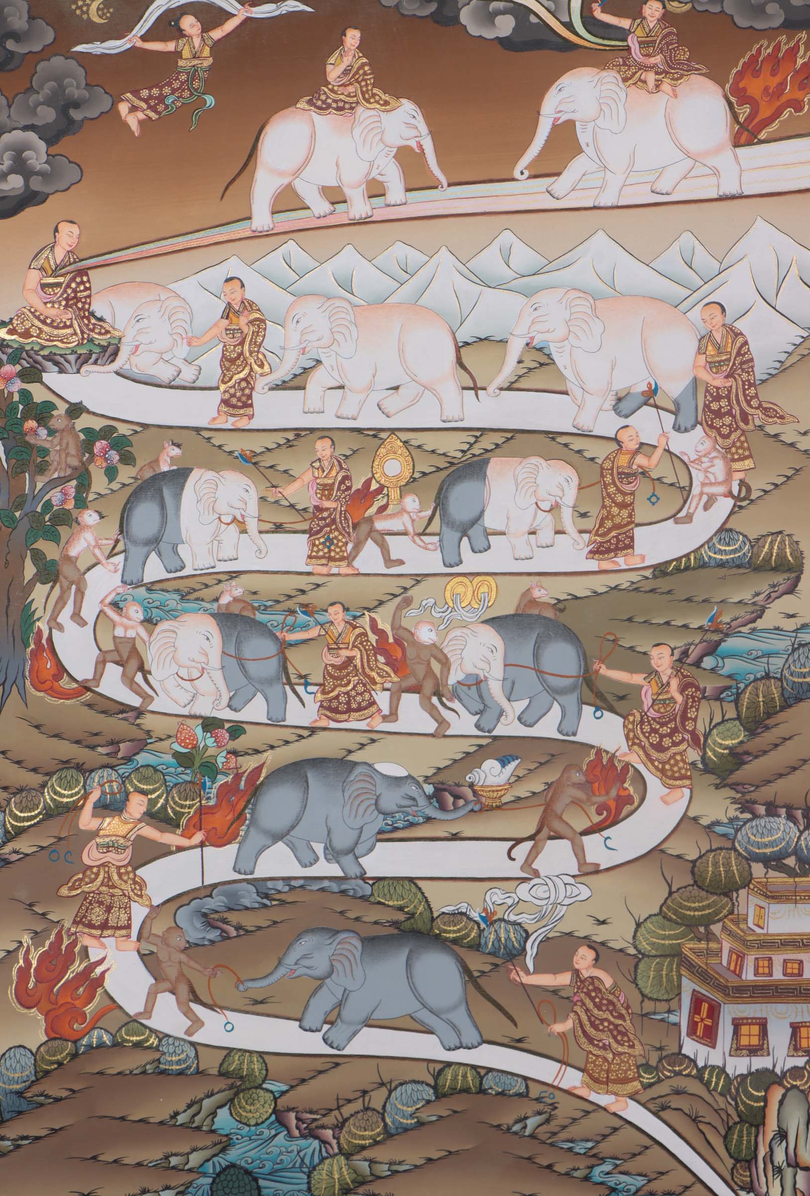 Way to heaven thangka - a sacred art representing the Nine Stages of Meditation or the Path to Enlightenment 