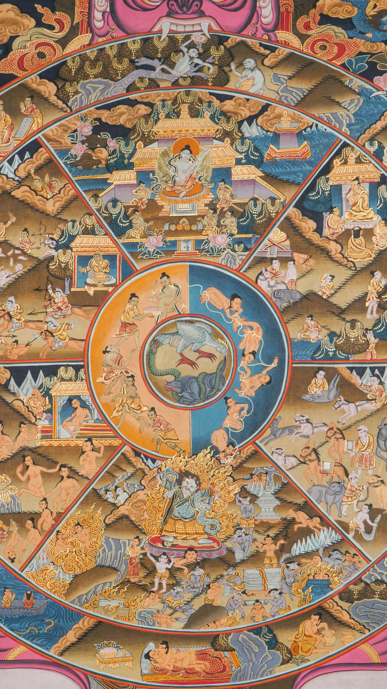 This Tibetan Wheel of Life Thangka, also known as Bhavachakra, illustrates the cycle of samsara and the path to enlightenment through vivid, symbolic detail. Hand-painted with natural mineral pigments, it serves as a powerful Buddhist teaching tool and a striking spiritual centerpiece.
