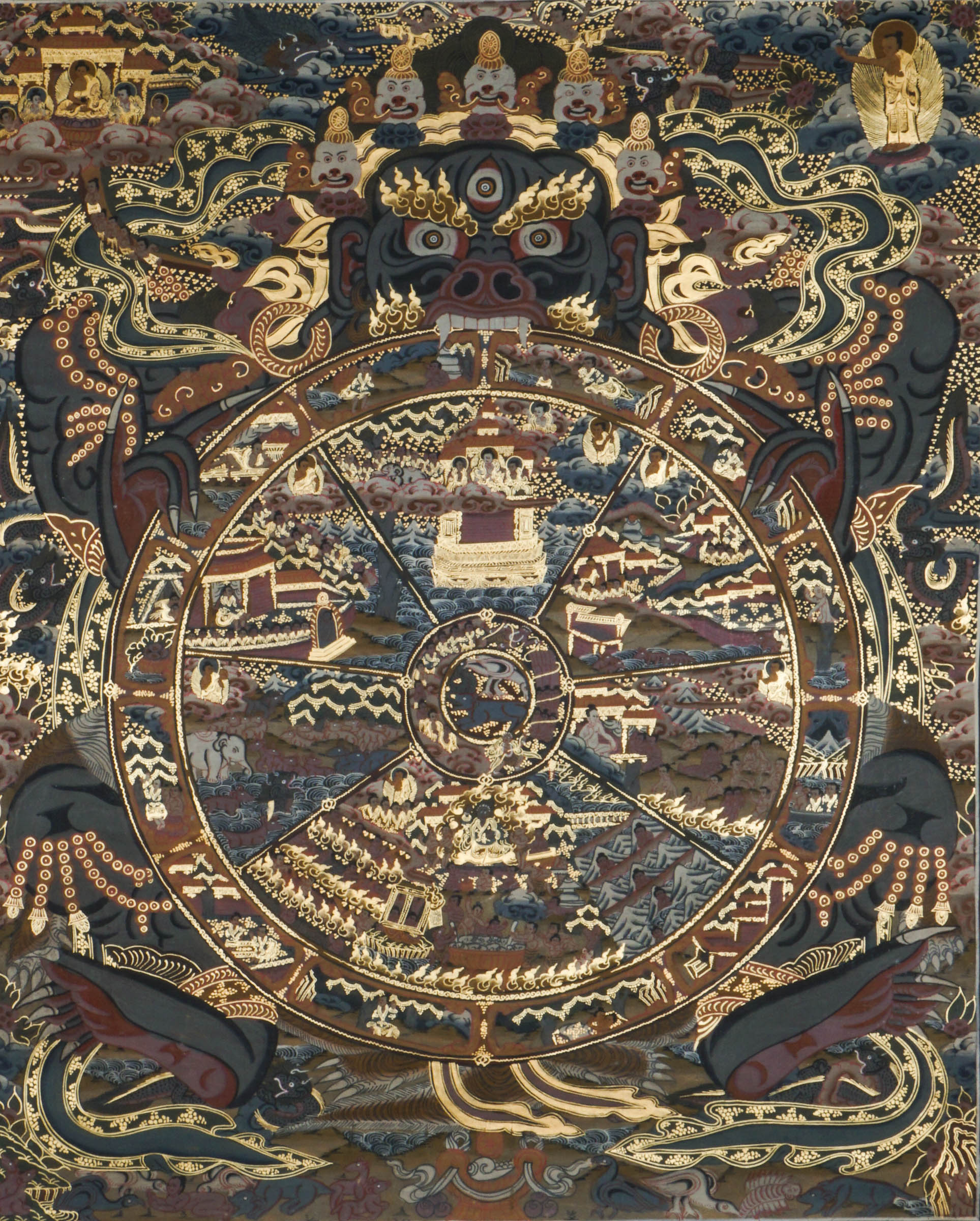 The Wheel of Life Thangka also called Bhavachakra is a genuine Tibetan Buddhist painting depicting the cycle of samsara which includes birth, death, and rebirth. Hand-painted by skilled artisans using natural pigments, it symbolizes karma, impermanence, and the path to enlightenment. This Thangka is perfect for meditation, spiritual reflection, and sacred home decor.